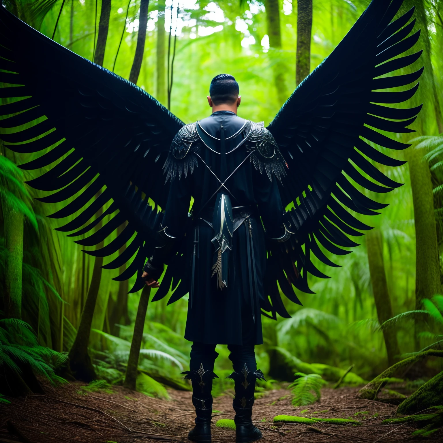 One man, standing in the middle of a tropical forest, black swords shaped like wings.