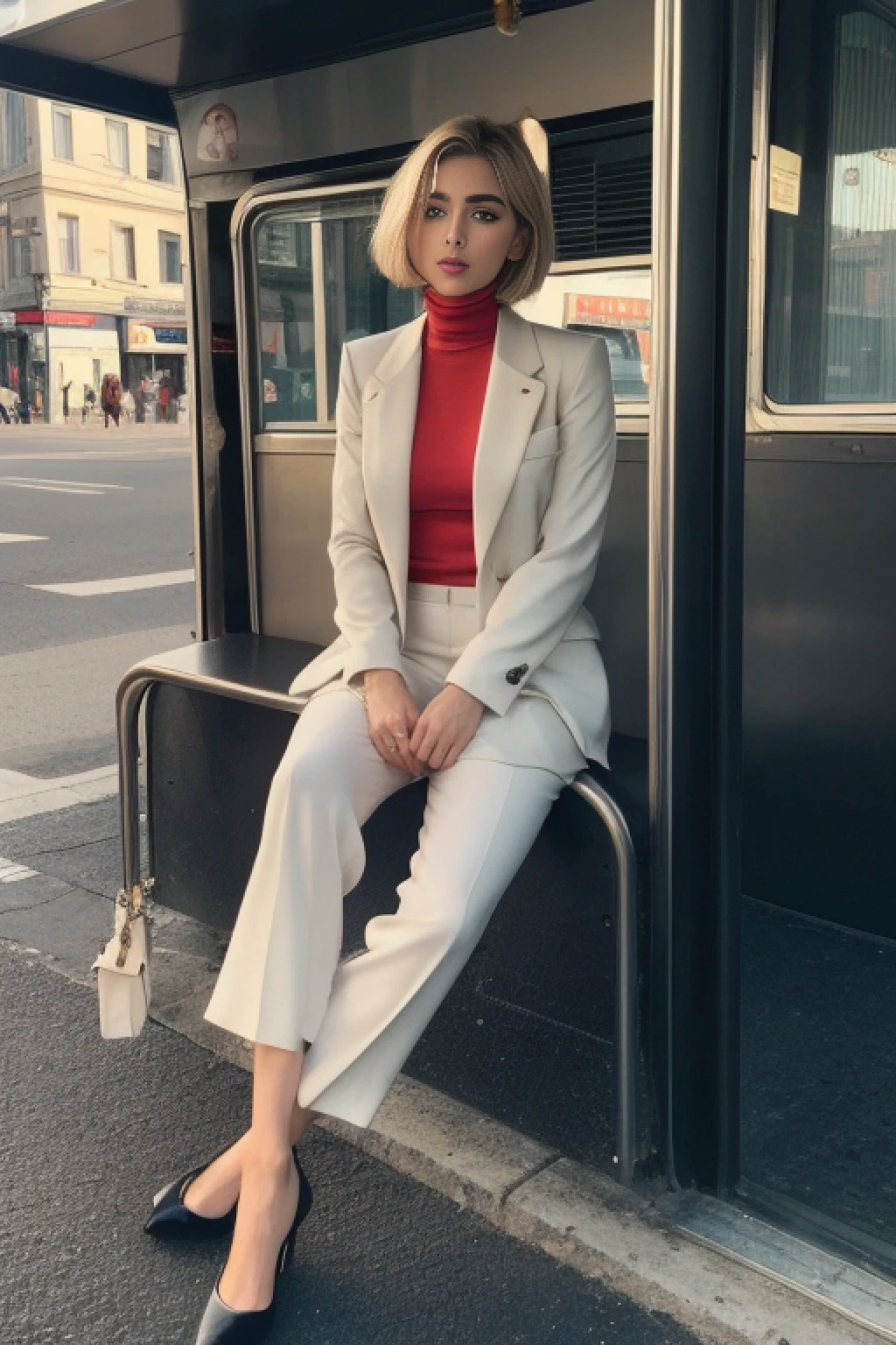 ((Realistic lighting, Best quality, 8K, Masterpiece: 1.3)), Clear focus: 1.2, 2girl, Perfect Figure: 1.4, Slim Abs: 1.1, ((short blonde bob hair)), (chic, tailored pantsuit and turtle neck: 1.4), Super fine face, Fine eyes, Double eyelids, woman is posing while sitting in a bus stop in a street, inspired by Gina Pellón, instagram, tachisme, violet myers, lorena avarez, olivia culpo, alanis guillen, looks like laura barriales, sophie mudd, tanned ameera al taweel, beautiful iranian woman, full body portrait