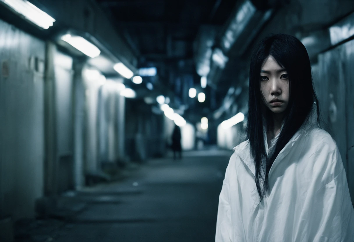 beautiful ite young japanese woman, 28 year old, long black hair, evil, floppy hair, cold, (woman in white:1.5), (scary:1.5), tokyo street, scary, Photojournalism, 35mm, Kodak Gold 200, Depth of Field, Materiality