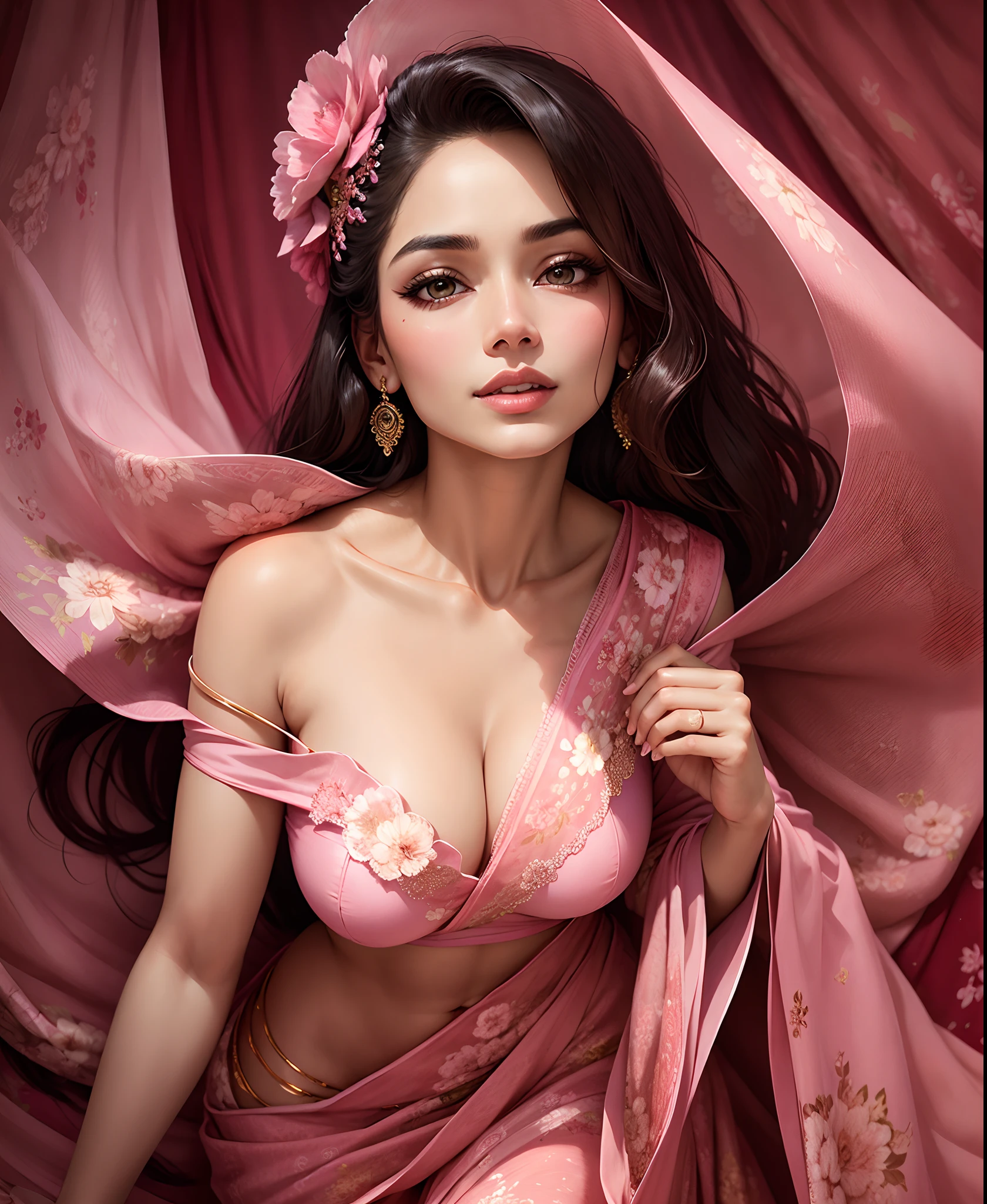 Portrait of a stunning woman in a pink floral organza saree, radiating elegance and sophistication. Her graceful presence showcases the timeless beauty of floral prints.