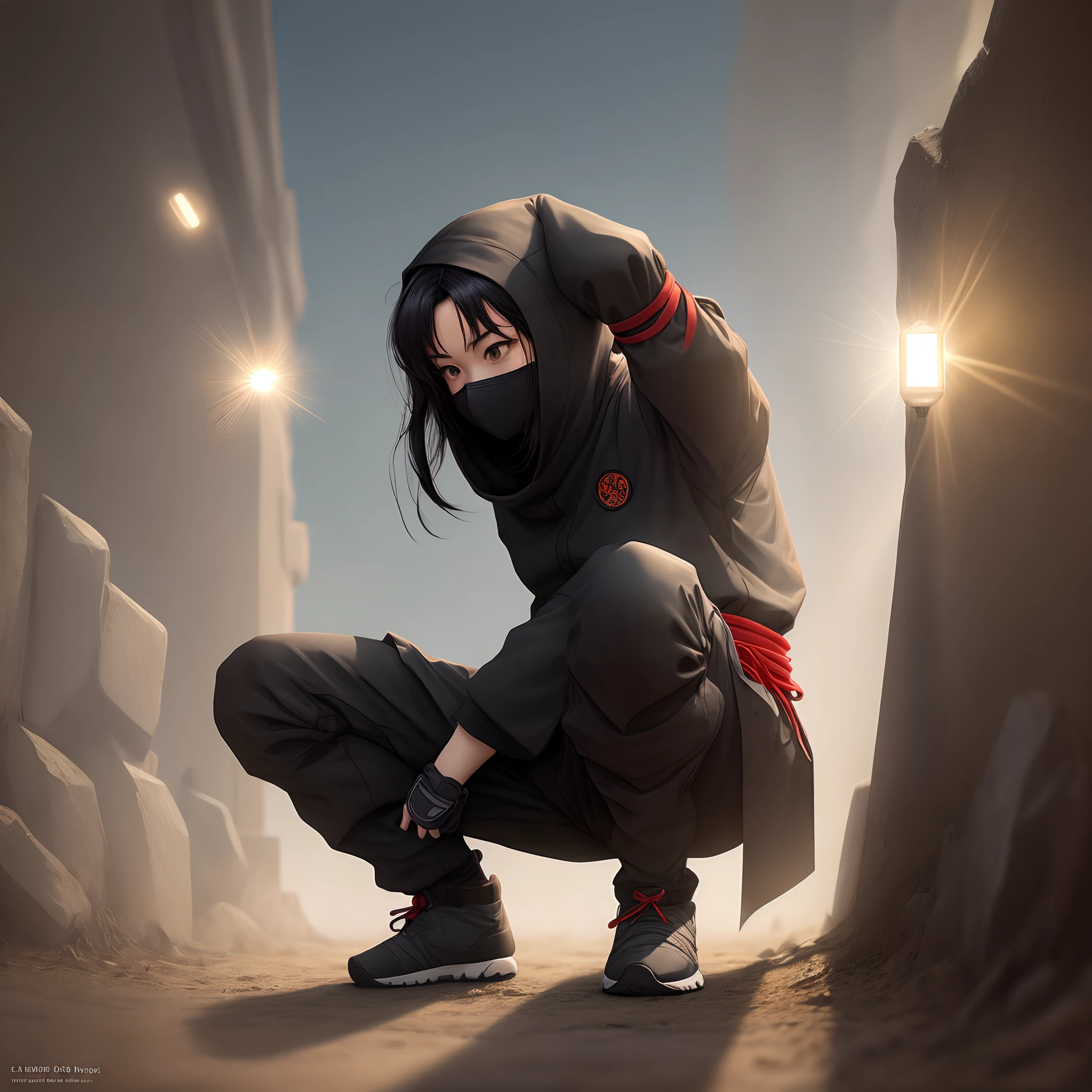 Black hair, ninja squat, light from above