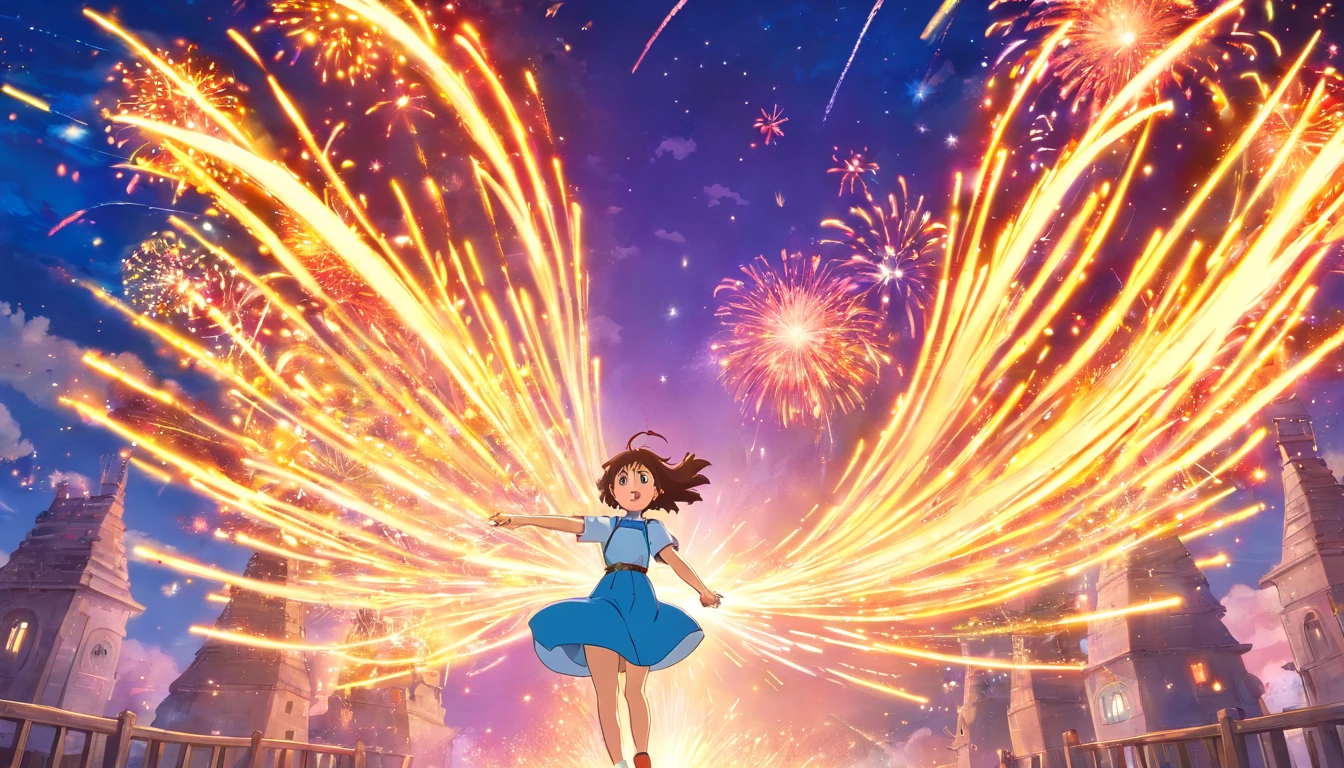 1girll，anime big breast，Skysky，fire works，CG，mid-air，dream magical