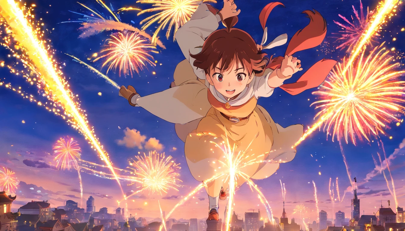 1girll，anime big breast，Skysky，fire works，CG，mid-air，dream magical