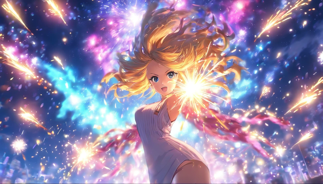1girll,anime big breast,Skysky,fire works,CG,mid-air,dream magical