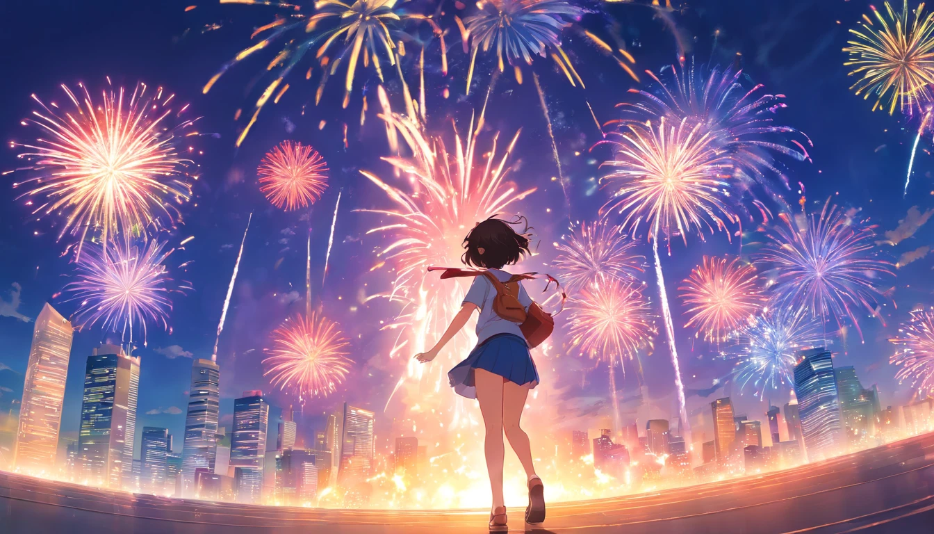 1girll，anime big breast，Skysky，fire works，CG，mid-air，dream magical