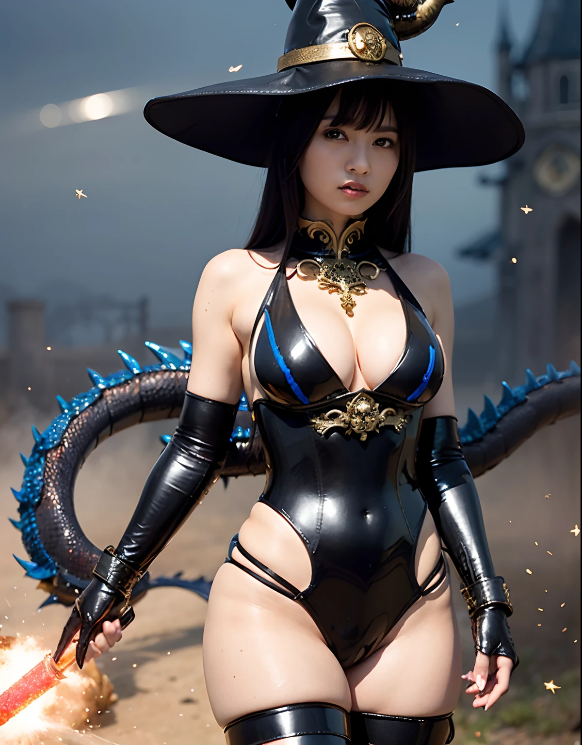 ((World of Darkness)),Professional , masterpiece、top-quality、photos realistic , depth of fields 、(((With a magic wand of gems))),(Dragon Black Metal Body:1.9),(latex black-blue、(cleavage of the breast)(Fight dragons)、、(((Particles of light))),(Micro Bikini Armor:1.7),Gorgeous gold weapons ,(Fight dragons)、Seductive look、,Blood on the face,Blood Rain,Blood fog、(blood splattere、((((With a magic wand))), ) , (((Wearing a black latex wizard hat))),(demonic wings) ,((a blond))、(Castle background)、((Gangle's forest background))、Beautiful Caucasian beauty、1a person、dynamic ungle,(((Detailed and ornate dragon wizard hat)))、Smaller head、A smile、Castle background、Thin and beautiful female hands、cleavage of the breast、Soldier in iron armor on background、Mystical expression、Light Effects、intense fighting、Wind-effect、magic circles、With the legendary magic wand、Dragon's tail、explosions、Toostock、Toostock、