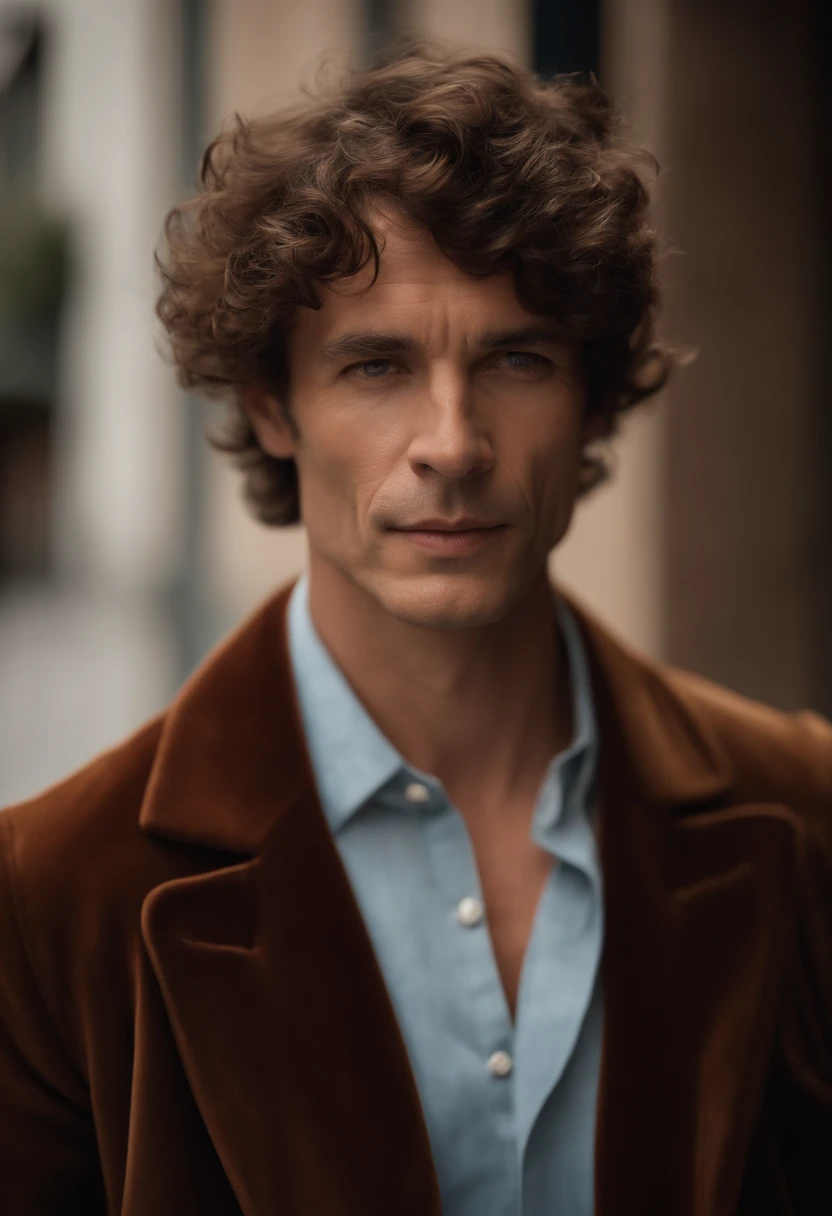 Un homme en rouge, Le style de Patrick Demarchelier. Dressed in a red velvet jacket and blue jeans , Grand et en forme, (40 ans:1.1), (shaven:1.2), (short brown hair and a little curly:1.5),(very short hair:1.6). in the style of ethereal beauty, Realistic blue sky, Hasselblad 1600F, Hyper-realistic portrait, couleurs vives, Lignes dynamiques, lisse et poli .