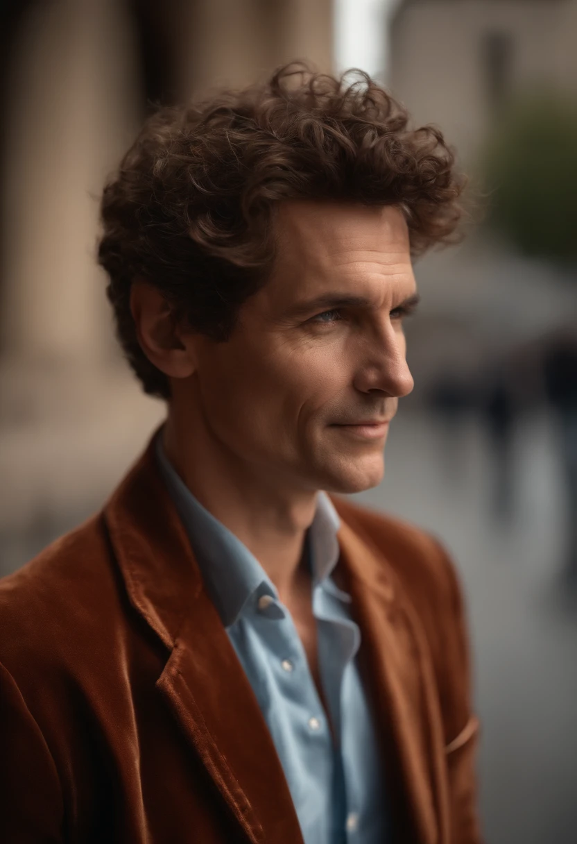 Un homme en rouge, Le style de Patrick Demarchelier. Dressed in a red velvet jacket and blue jeans , Grand et en forme, (40 ans:1.1), (shaven:1.2), (short brown hair and a little curly:1.5),(very short hair:1.6). in the style of ethereal beauty, Realistic blue sky, Hasselblad 1600F, Hyper-realistic portrait, couleurs vives, Lignes dynamiques, lisse et poli .