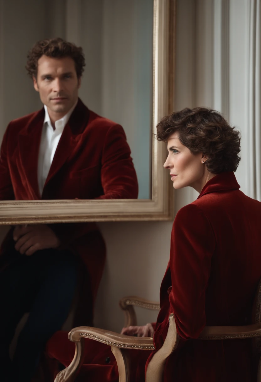 Un homme en rouge, Le style de Patrick Demarchelier. Dressed in a red velvet jacket and blue jeans , Grand et en forme, (40 ans:1.1), (shaven:1.2), (short brown hair and a little curly:1.5),(very short hair:1.6). in the style of ethereal beauty, Realistic blue sky, Hasselblad 1600F, Hyper-realistic portrait, couleurs vives, Lignes dynamiques, lisse et poli .