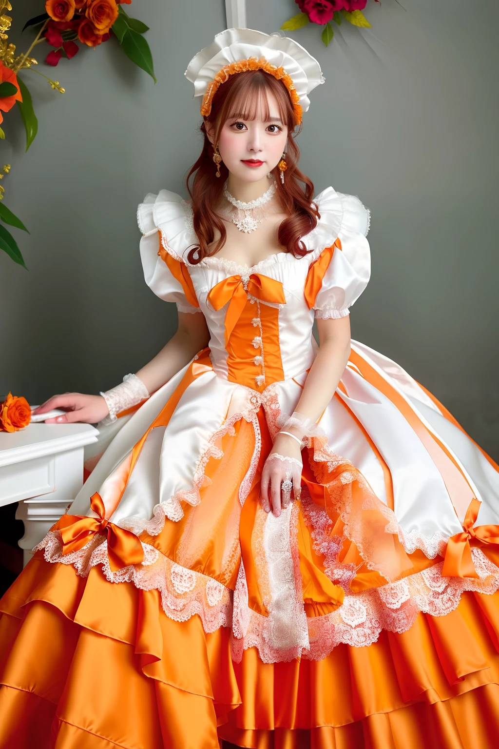 Close up portrait of woman in orange satin dress and white satin gloves, rococo dress, rococo queen, Victorian orange dress, rococo ruffles dress, dress in the style of rococo, fantasy dress, Lolita style, ethereal fairy tale, Icy Orange Dress, victorian dress, Lolita Fashion, magical dress, Full dress, fairycore, Belle Delphine