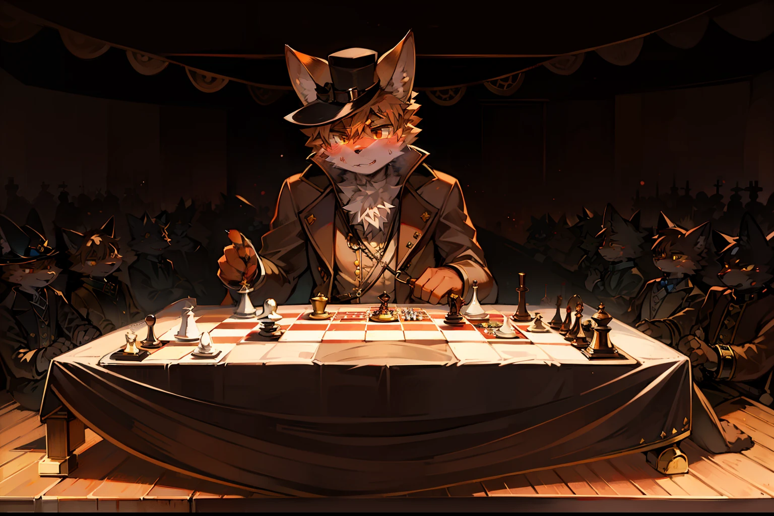 Kemono-style male cat, wearing a brown coat and steampunk hat, with yellow eyes and orange fur, pensive expression on his face, moving a chess pawn on top of a world map with blood on a large table, 4k, masterpiece, beautiful lighting , wide composition
