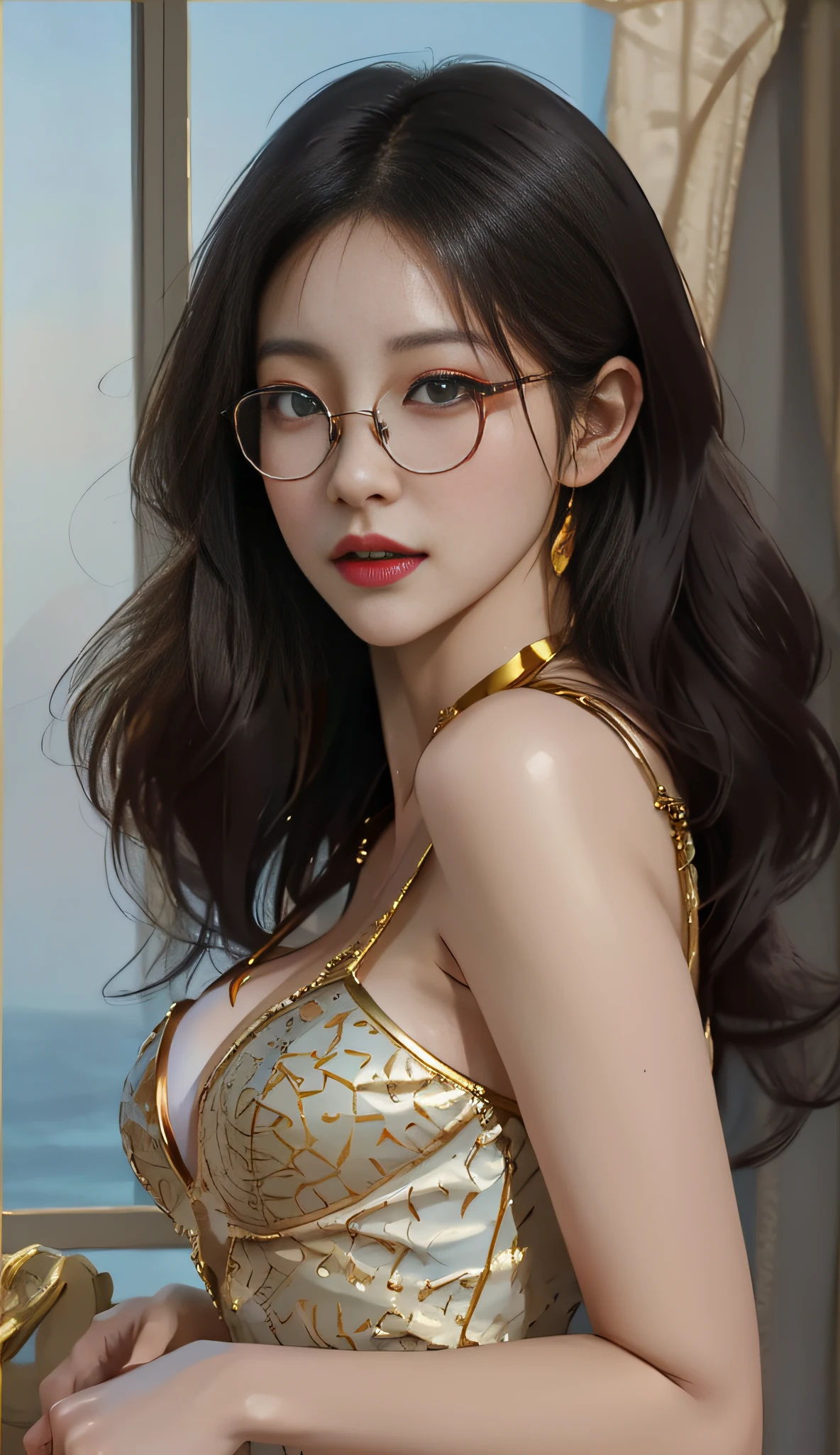 Asian woman posing for photo with glasses and gold dress, Mature sexy young woman，((((Bigchest))))， seductiv,Glamour,Guviz-style artwork, digital art of an elegant, in the art style of bowater, realistic art style, , elegant digital painting, realism art style, Realistic. Cheng Yi, Photorealistic!!!!!!! Art style,digital painting highly detailed