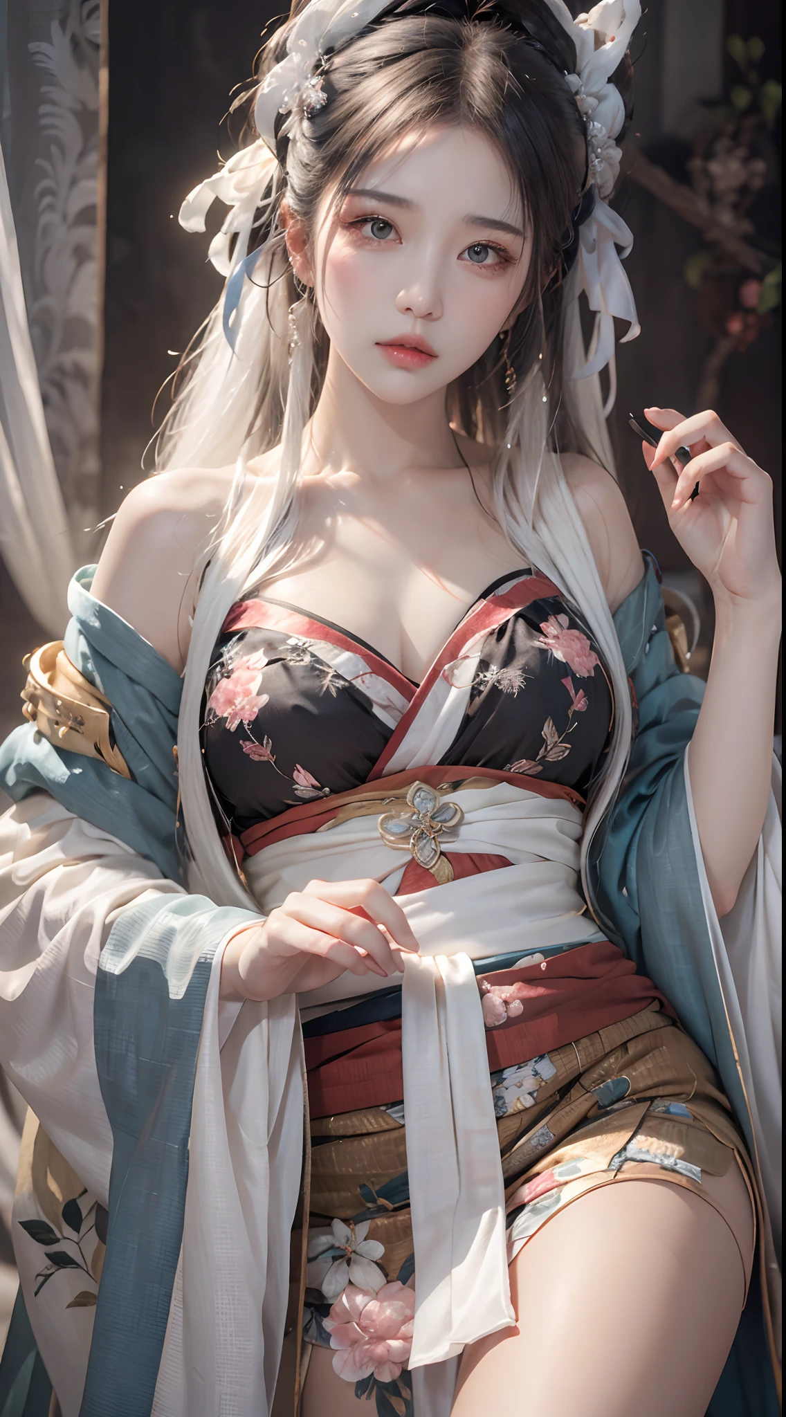 Photorealistic, high resolution, 1 woman, Hips up, Beautiful eyes, Long hair, ringed eyes, jewelry, white hair, hanfu