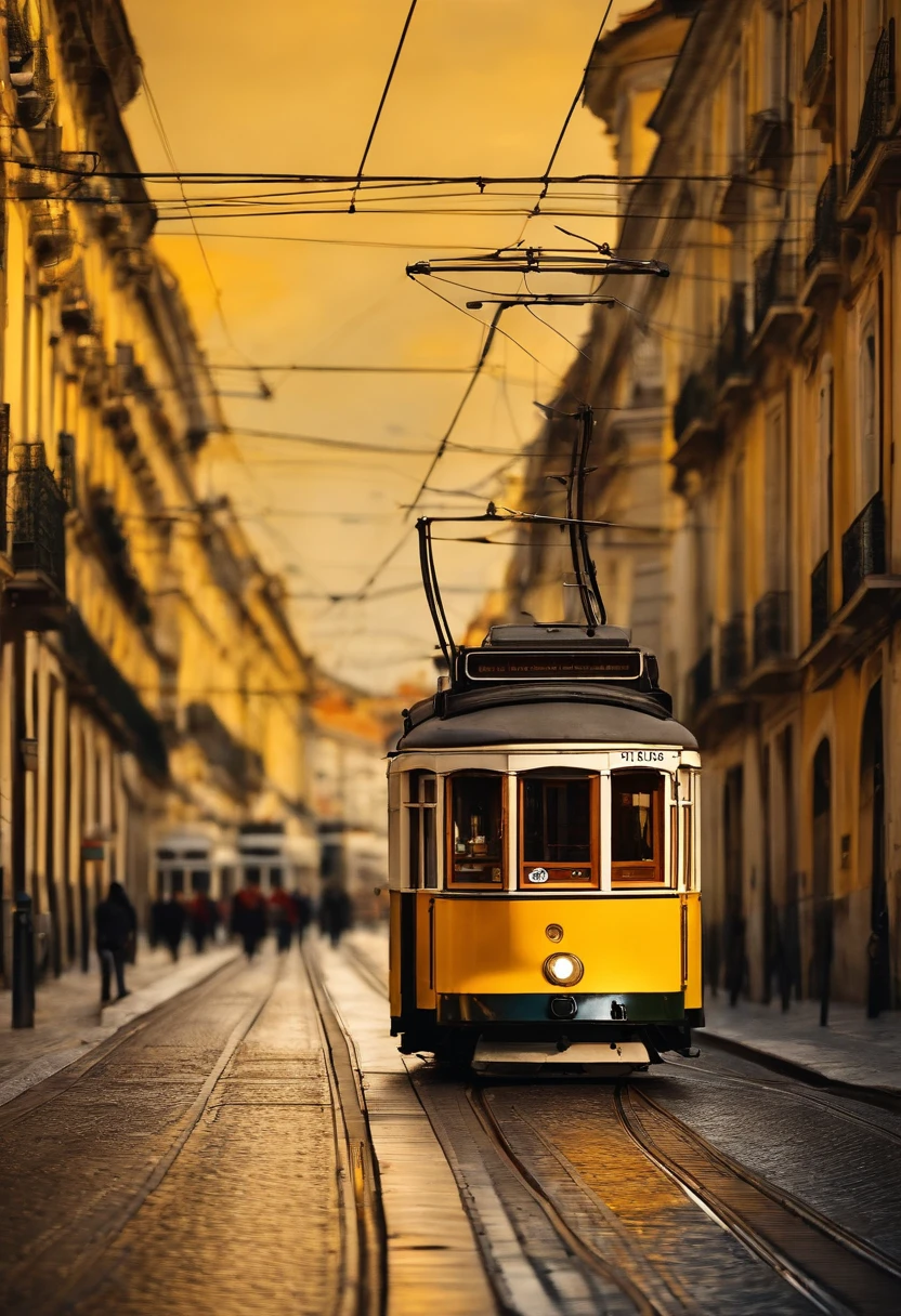 exquisite and detailed drawings, yellow tram in Lisbon city, sunny, rich, classy, opulent, Lisbon street abstract art complementary colors fine details Professional photography, bokeh, natural lighting, canon lens, shot on dslr 64 megapixels sharp focus sinister by Greg Rutkowski