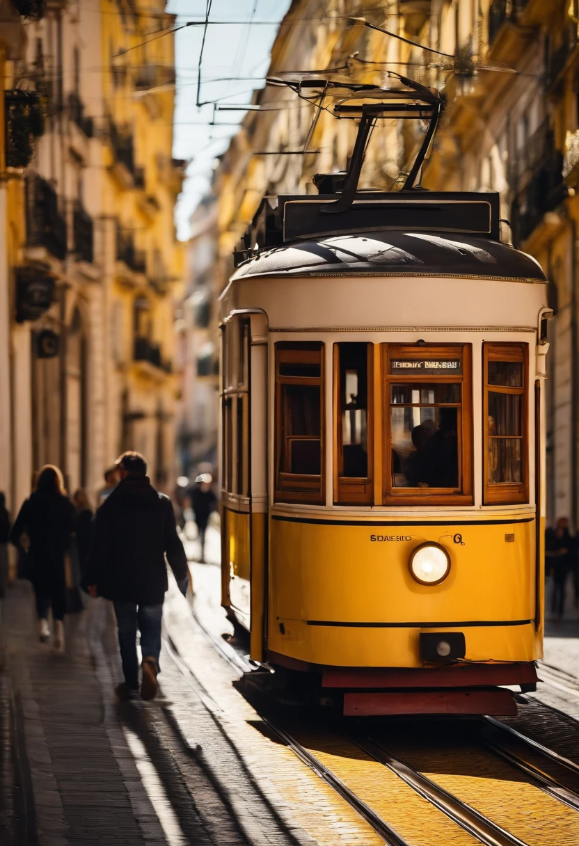 exquisite and detailed drawings, yellow tram in Lisbon city, sunny, rich, classy, opulent, Lisbon street abstract art complementary colors fine details Professional photography, bokeh, natural lighting, canon lens, shot on dslr 64 megapixels sharp focus sinister by Greg Rutkowski