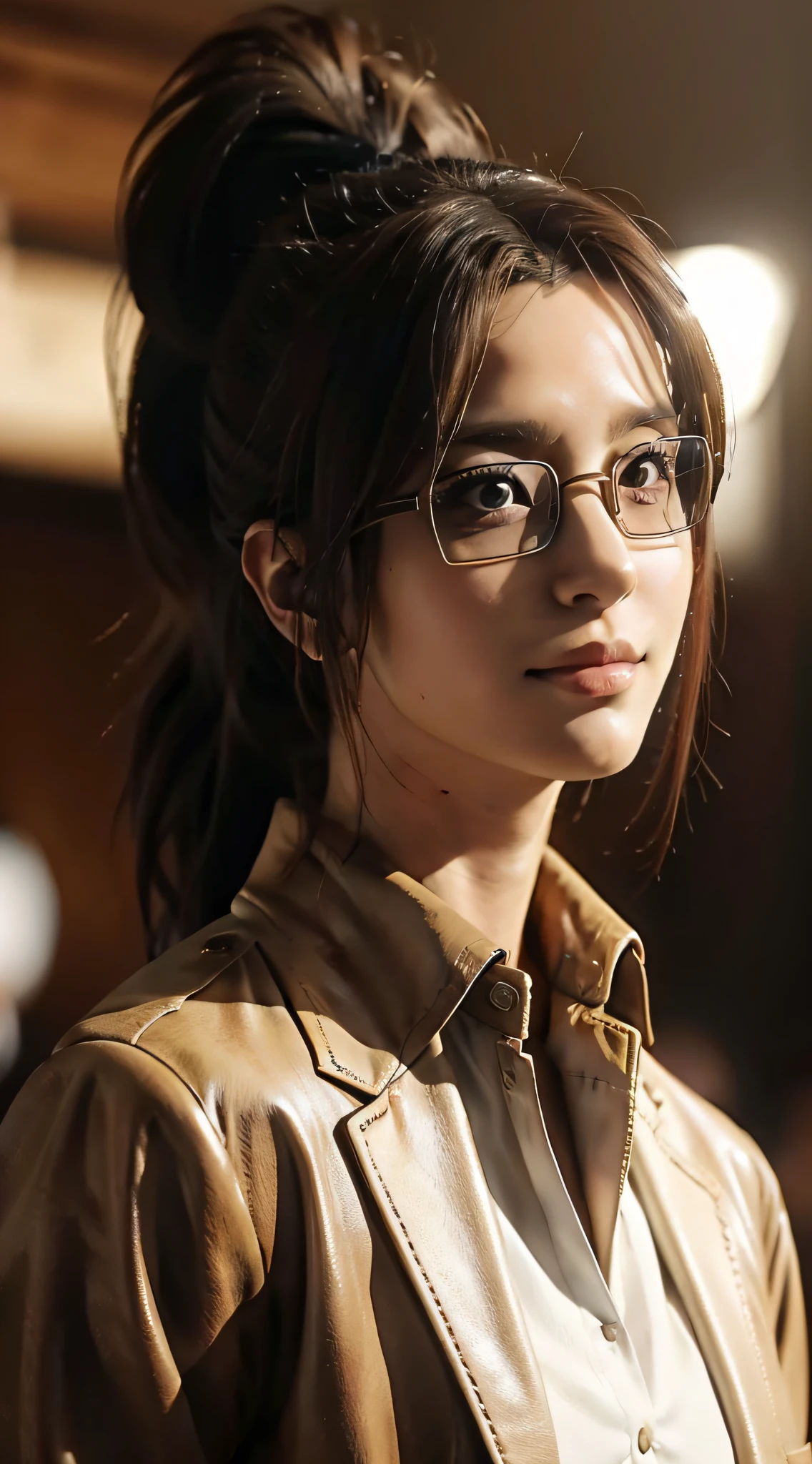 hange from the anime attack on titan, long hair, brown hair, ponytail, wearing glasses, beautiful woman, beautiful, perfect body, perfect breasts, big bobs, white shirt, brown jacket, cream pants, looking at the audience, small smile, realism, masterpiece, textured leather, super detailed, high detail, high quality, best quality, 1080p, 16k