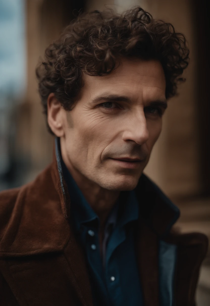 Un homme en rouge, Le style de Patrick Demarchelier. Dressed in a red velvet jacket and blue jeans , Grand et en forme, (40 ans:1.1), (shaven:1.2), (short brown hair and a little curly:1.5),(very short hair:1.6). in the style of ethereal beauty, Realistic blue sky, Hasselblad 1600F, Hyperrealistic portrait, couleurs vives, Lignes dynamiques, lisse et poli .