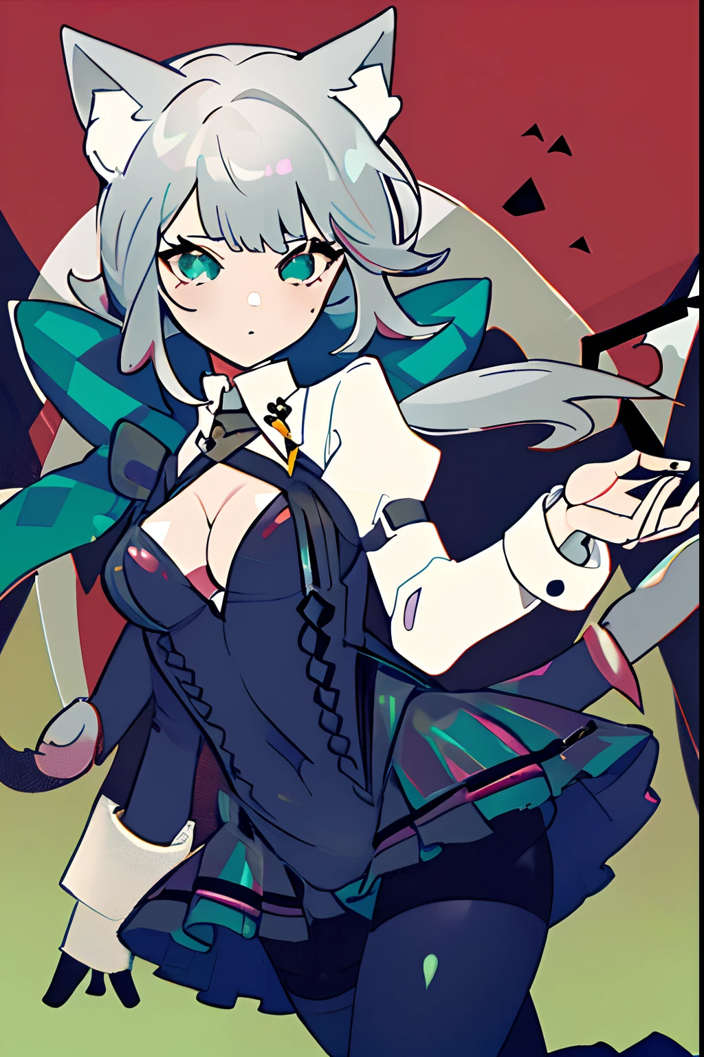 catgirl, 1 girl solo, cat ears, grey hair, black and teal outfit, tea in a beautiful cup