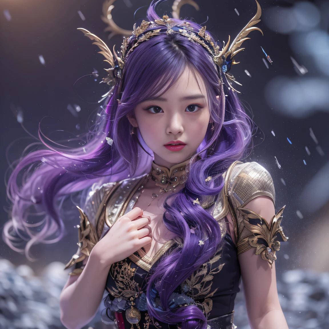 32K gradient glass texture(tmasterpiece,k hd,hyper HD,32K)Short bright purple hair,Short flowing hair,Onsen District,Flame Girl ,Yao Lang protector (realisticlying:1.4),Python pattern robe,Black gold master Kawashima work headdress,Snowflakes fluttering,The background is pure,Hold your head high,Be proud,The nostrils look at people, A high resolution, the detail, RAW photogr, Sharp Re, Nikon D850 Film Stock Photo by Jefferies Lee 4 Kodak Portra 400 Camera F1.6 shots, Rich colors, ultra-realistic vivid textures, Dramatic lighting, Unreal Engine Art Station Trend, cinestir 800,Hold your head high,Be proud,The nostrils look at people,Short bright purple hair