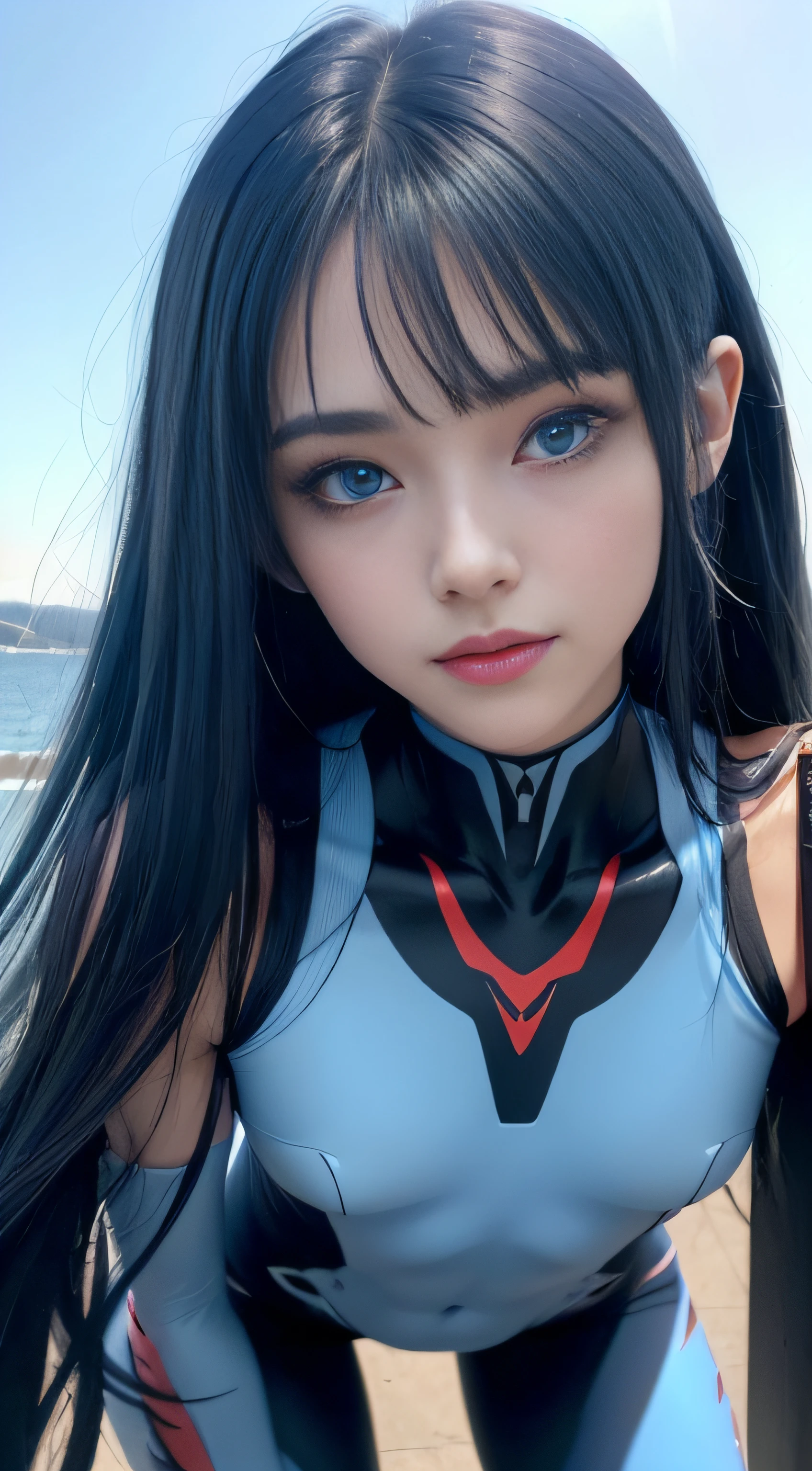 8K, Top Quality, Intricate Details, Ultra Detail, Ultra High Resolution, Masterpiece, random angle, Slender, Smile, (Makeup: 0.4), (Fluffy Blue Eyes: 1.21), blue Eyes, ((full body)), no shadow, 1 girl, kneeling, (( full body)), ((close up shot)), ((tall)), (((fit body))), (((slim face))), (((sky blue hair, long hair, side bangs)), (((detailed face, detailed face, sharp face, slim face, sharp face, sharp eyes, small lips, half open lips))), no shadow on body, ((evangelion suit)), (()), Beautiful girl with accentuated slender abs: 1.4, Six Pack Abs: 1.4, Bust Botox, Big, Perfect Body, detail leg, (Dark Night Background: 1.2)