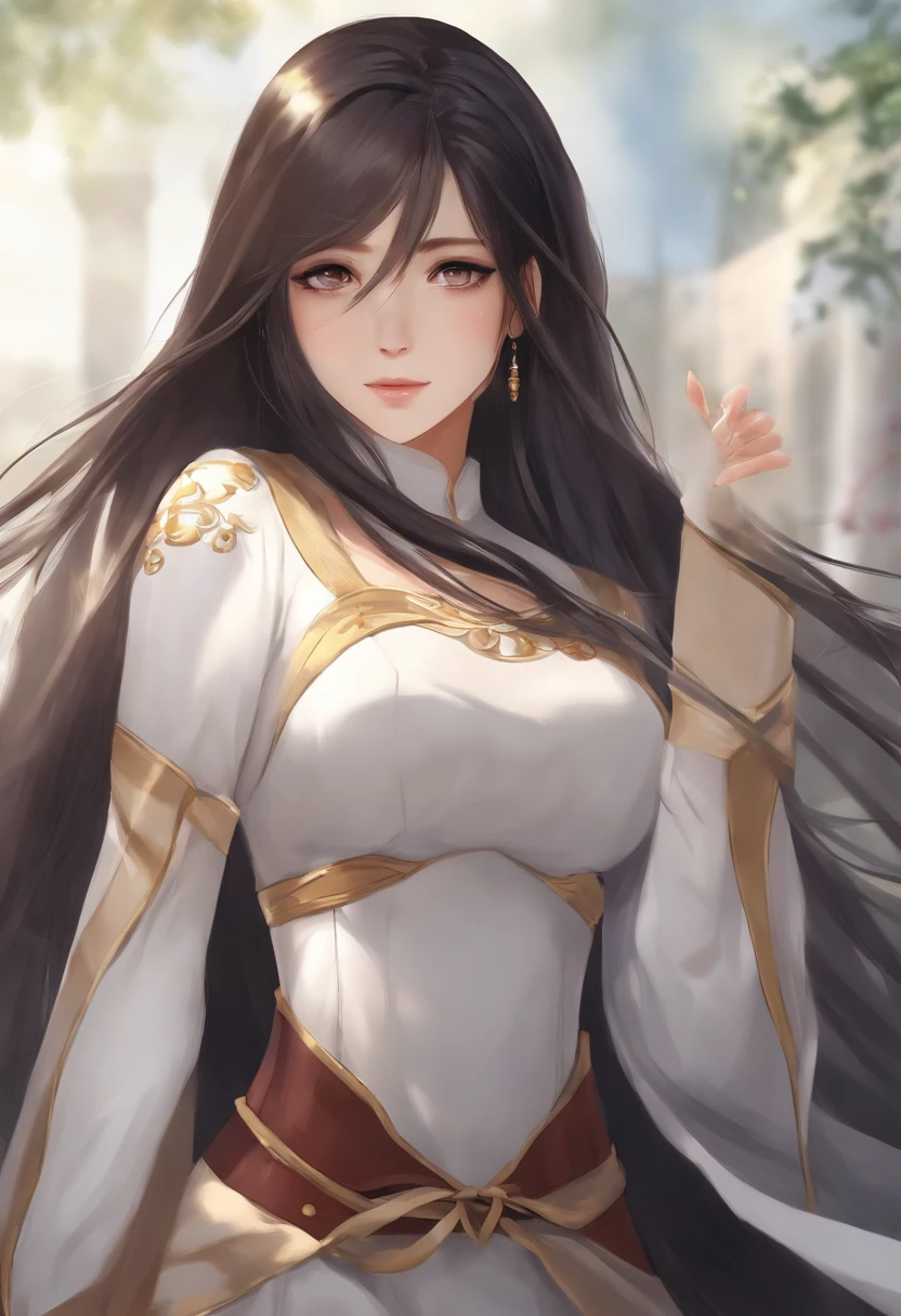 Masterpiece, Best quality, {Best quality}, {{Masterpiece}}, {A high resolution}, Focus, Anime style, Cartoon close-up of a woman, Girl design, Portrait, Gisha, Anime image, Long hair, Black hair, Straight eyes, hair covering ears, Polished and powerful appearance, Exotic, Tall, freckle, cheerful big breasts, Romantic costumes, Colorful, colours