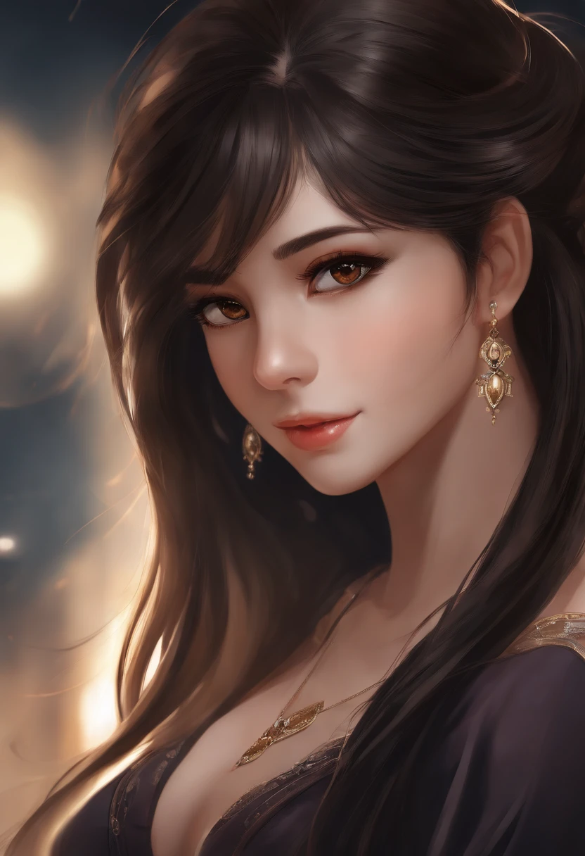 Masterpiece, Best quality, {Best quality}, {{Masterpiece}}, {A high resolution}, Focus, Anime style, Cartoon close-up of a woman, Girl design, Portrait, Gisha, Anime image, Long hair, Black hair, Straight eyes, hair covering ears, Polished and powerful appearance, Exotic, Tall, freckle, cheerful big breasts, Romantic costumes, Colorful, colours