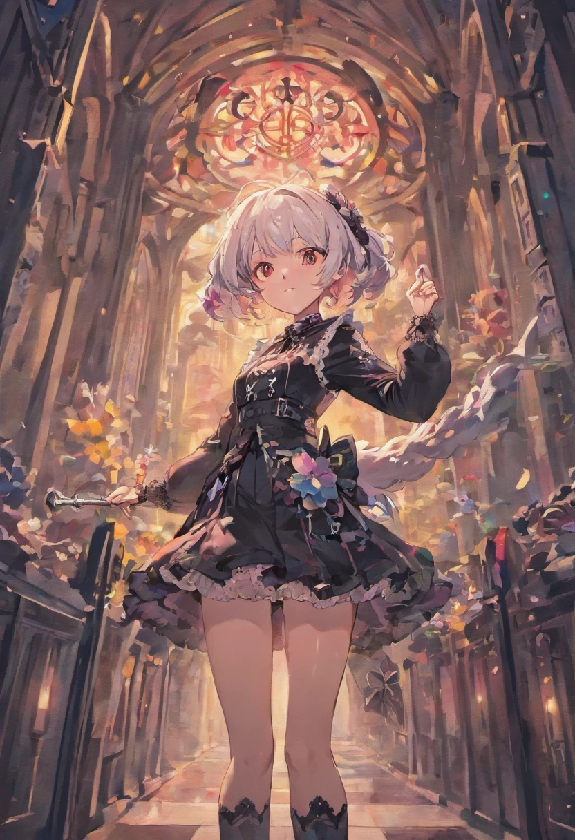 short-hair、Japanese Gothic Lolita、hotpants、Perforated Lace Knee Socks、head phone、Hold the sword、White hair red mesh、Black boots、Floral hair ornament