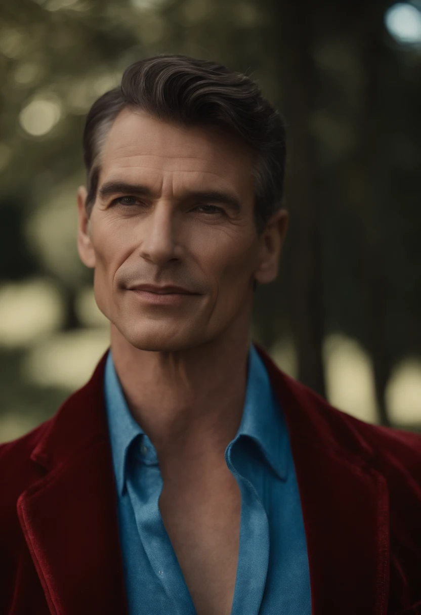 Un homme en rouge, Le style de Patrick Demarchelier. Dressed in a red velvet jacket and blue jeans , Grand et en forme, (40 ans:1.1), (shaven:1.2), (cheveux bruns courts :1.5),(very short hair:1.6). in the style of ethereal beauty, Realistic blue sky, Hasselblad 1600F, Hyperrealistic portrait, couleurs vives, Lignes dynamiques, lisse et poli .