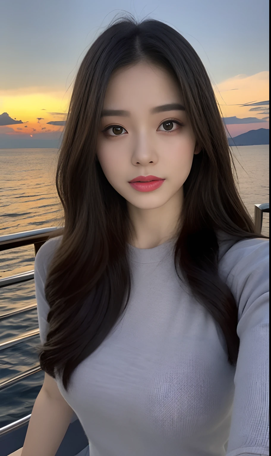 (Original photo of 8K,best qualtiy,tmasterpiece:1.2),(Medium view),the night,Night on a yacht,Sea and night view in the background,best qualtiy,tmasterpiece,(Small mouth:1.2),short- sleeved,short- sleeved,short- sleeved,short- sleeved,an extremely delicate and beautiful one,,astounding,finely detailled,tmasterpiece,Best quality at best,(age 22:1.2),Narrow waist,Slim,is shy,Pure,adolable,Bushy hair,Soft hair,big breasts beautiful,A detailed eye,(long whitr hair:1.2)