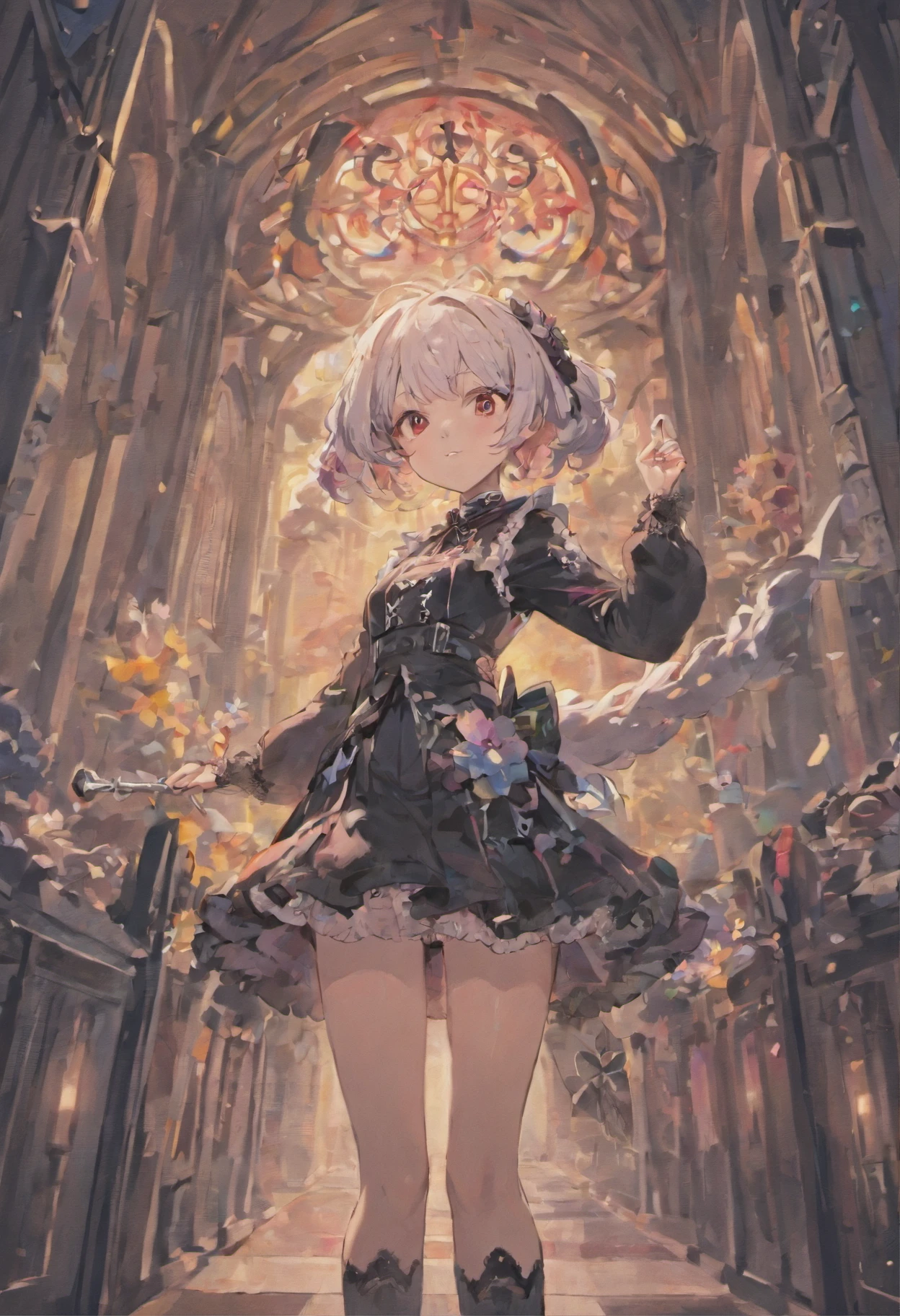 short-hair、Japanese Gothic Lolita、hotpants、Perforated Lace Knee Socks、head phone、Hold the sword、White hair red mesh、Black boots、Floral hair ornament