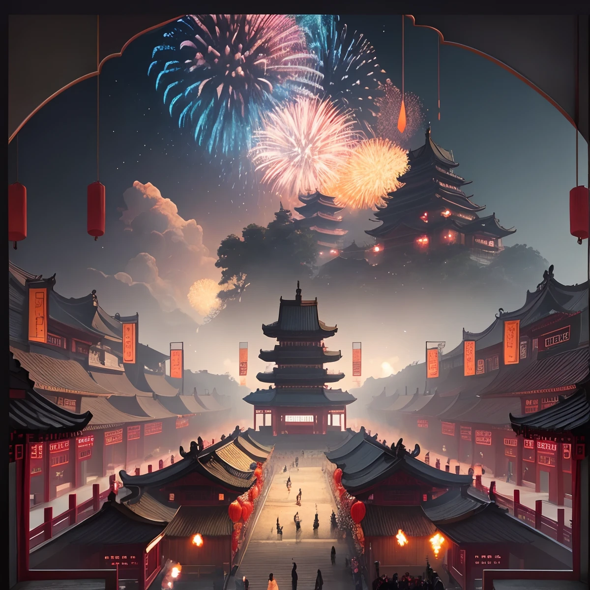 Fireworks above the pagoda with crowds, cyberpunk chinese ancient castle, A beautiful artwork illustration, Rosla global lighting, G Liulian art style, summer festival night, dreamy Chinese towns, Beautiful digital artwork, ross tran. scenery background, Beautiful rendering of the Tang Dynasty, trending on cgstation, background artwork, author：Shitao