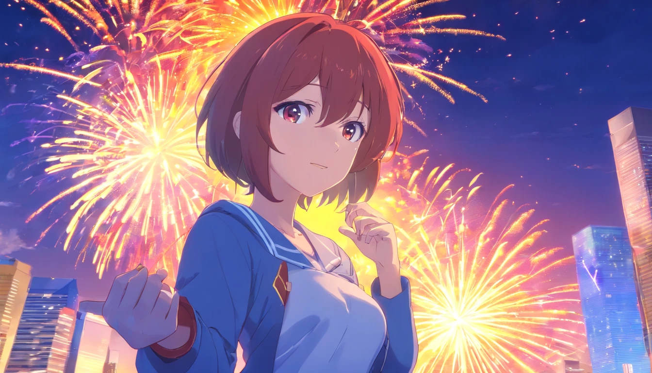 1girll,anime big breast,Skysky,fire works,CG,mid-air,dream magical,delicated face,Elaborate Eyes,Works of masters,Highest image quality,exquisite facial features