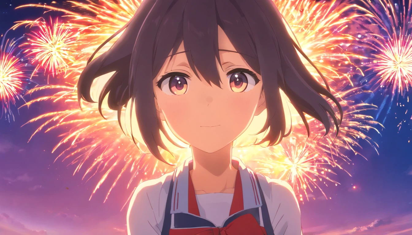 1girll，anime big breast，Skysky，fire works，CG，mid-air，dream magical，delicated face，Elaborate Eyes，Works of masters，Highest image quality，exquisite facial features