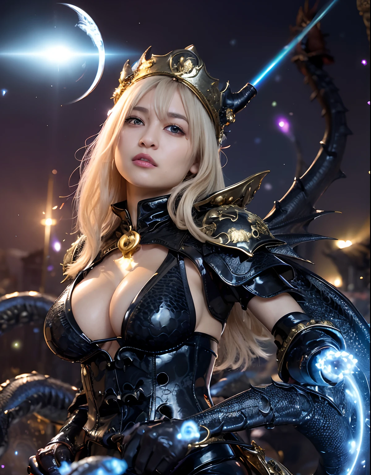 ((World of Darkness)),Professional , masterpiece、top-quality、photos realistic , depth of fields 、(((With a magic wand of gems))),(Dragon Black Metal Body:1.9),(latex black-blue、(cleavage of the breast)(Fight dragons)、、(((Particles of light))),(Micro Bikini Armor:1.7),Gorgeous gold weapons ,(Fight dragons)、Seductive look、(blood splattere、((((With a magic wand))), ) , (((Wearing a black latex wizard hat))),(demonic wings) ,((a blond))、(Castle background)、((Gangle's forest background))、Beautiful Caucasian beauty、1a person、dynamic ungle,(((Detailed and ornate dragon wizard hat)))、Smaller head、A smile、Castle background、Thin and beautiful female hands、cleavage of the breast、Soldier in iron armor on background、Mystical expression、Light Effects、intense fighting、Wind-effect、magic circles、With the legendary magic wand、Dragon's tail、explosions、Toostock、Toostock、