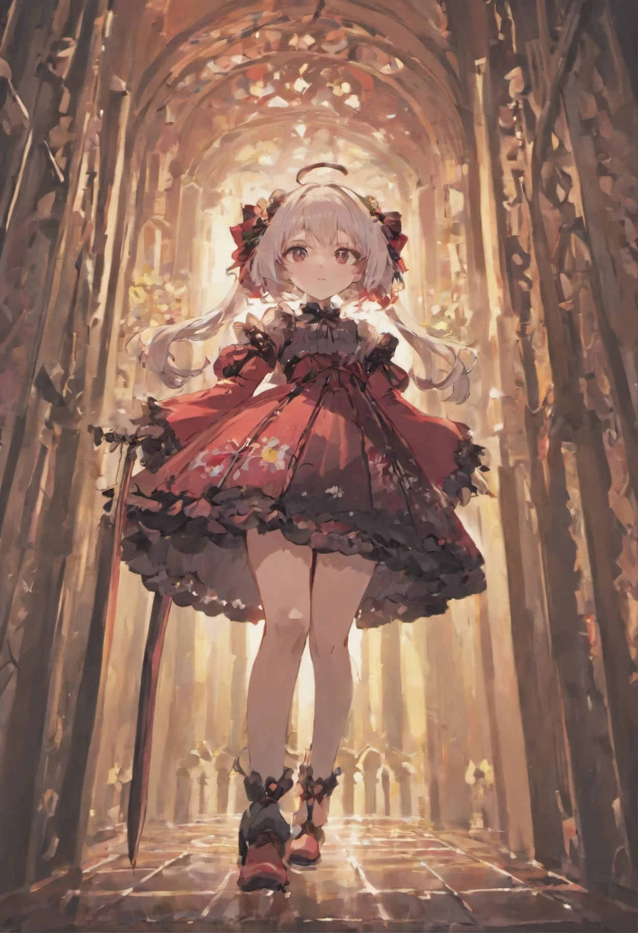 short-hair、Japanese Gothic Lolita、hotpants、Perforated Lace Knee Socks、head phone、Hold the sword、White hair red mesh、Black boots、Floral hair ornament