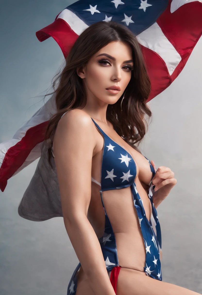 (((Full-length photo with legs))), Kim Kardashian, ((American flag)), Beautiful, (Detailed Face), (a perfect face), cleavage, cleavage, Distance between legs, The cover of a glossy men's magazine, Men's magazine cover, (closed lips), Super detailed photography, Intricate, concept portrait, 16k, Highest Quality, (Masterpiece), High-detail RAW color photography, Professional photography, Extremely detailed photography, Realistic, Best Quality, high definition, The perfect chic face, beautiful realistic eyes, detailed skin texture, Real Skin, Red rose tattoo on the shoulders