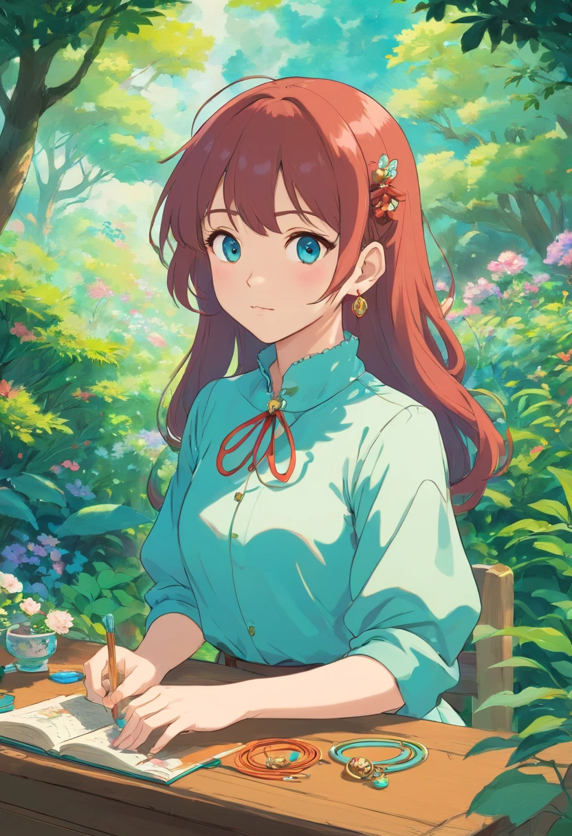 Girl in an anime collar, Long necklaces and earrings, In the style of a tranquil garden landscape, colorful animation stills, Masami Teraoka, aquamarine, paul gauguin, Embry style, Honest portrayal,PC Input,a desk、creator、