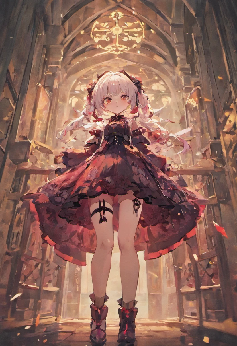 short-hair、Japanese Gothic Lolita、hotpants、Perforated Lace Knee Socks、head phone、Hold the sword、White hair red mesh、Black boots、Floral hair ornament