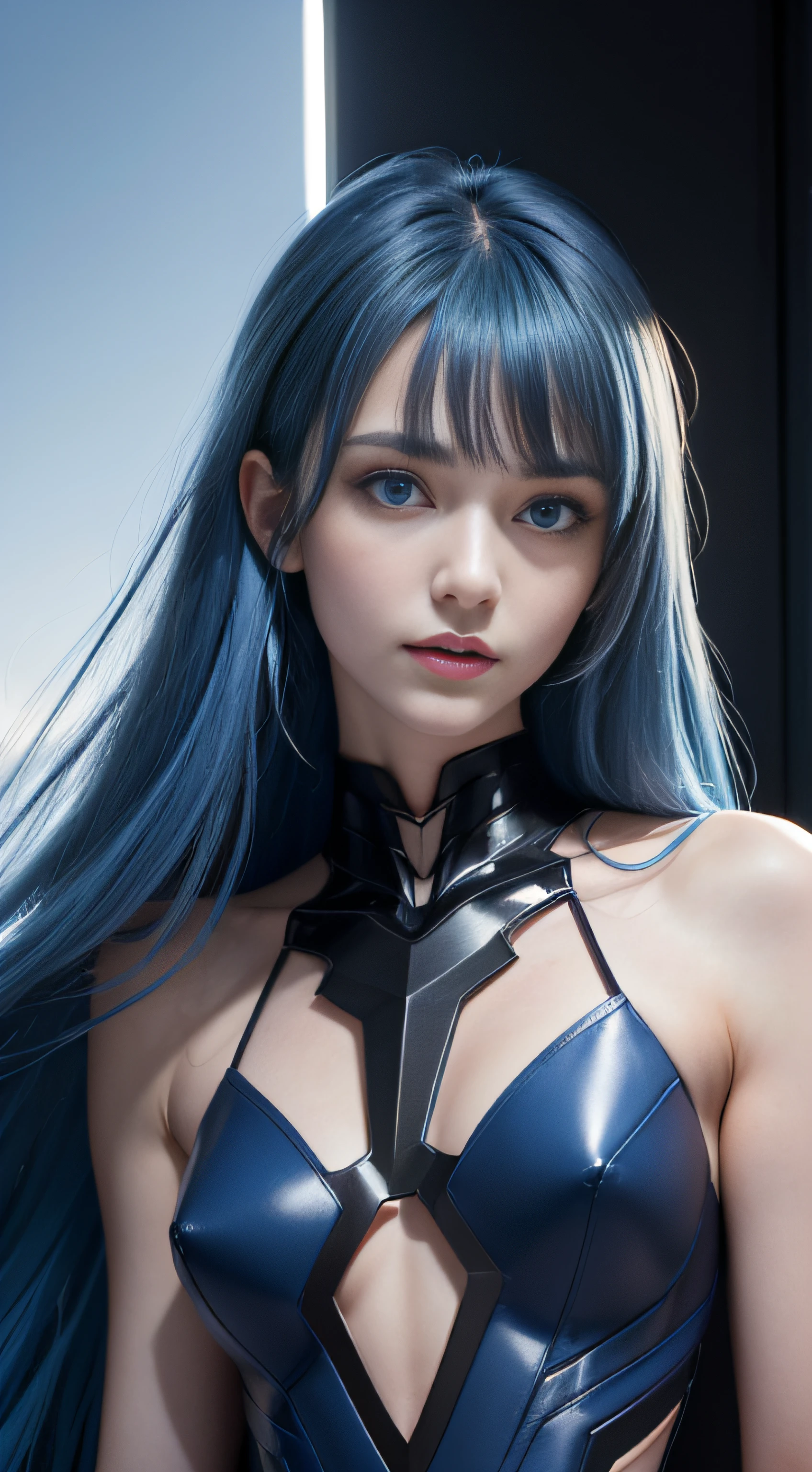 8K, Top Quality, Intricate Details, Ultra Detail, Ultra High Resolution, Masterpiece, random angle, Slender, Smile, (Makeup: 0.4), (Fluffy Blue Eyes: 1.21), blue Eyes, ((full body)), no shadow, 1 girl, kneeling, (( full body)), ((close up shot)), ((tall)), (((fit body))), (((slim face))), (((sky blue hair, long hair, side bangs)), (((detailed face, detailed face, sharp face, slim face, sharp face, sharp eyes, small lips, half open lips))), no shadow on body, ((evangelion suit)), (()), Beautiful girl with accentuated slender abs: 1.4, Six Pack Abs: 1.4, Bust Botox, Big, Perfect Body, detail leg, (Dark Night Background: 1.2)