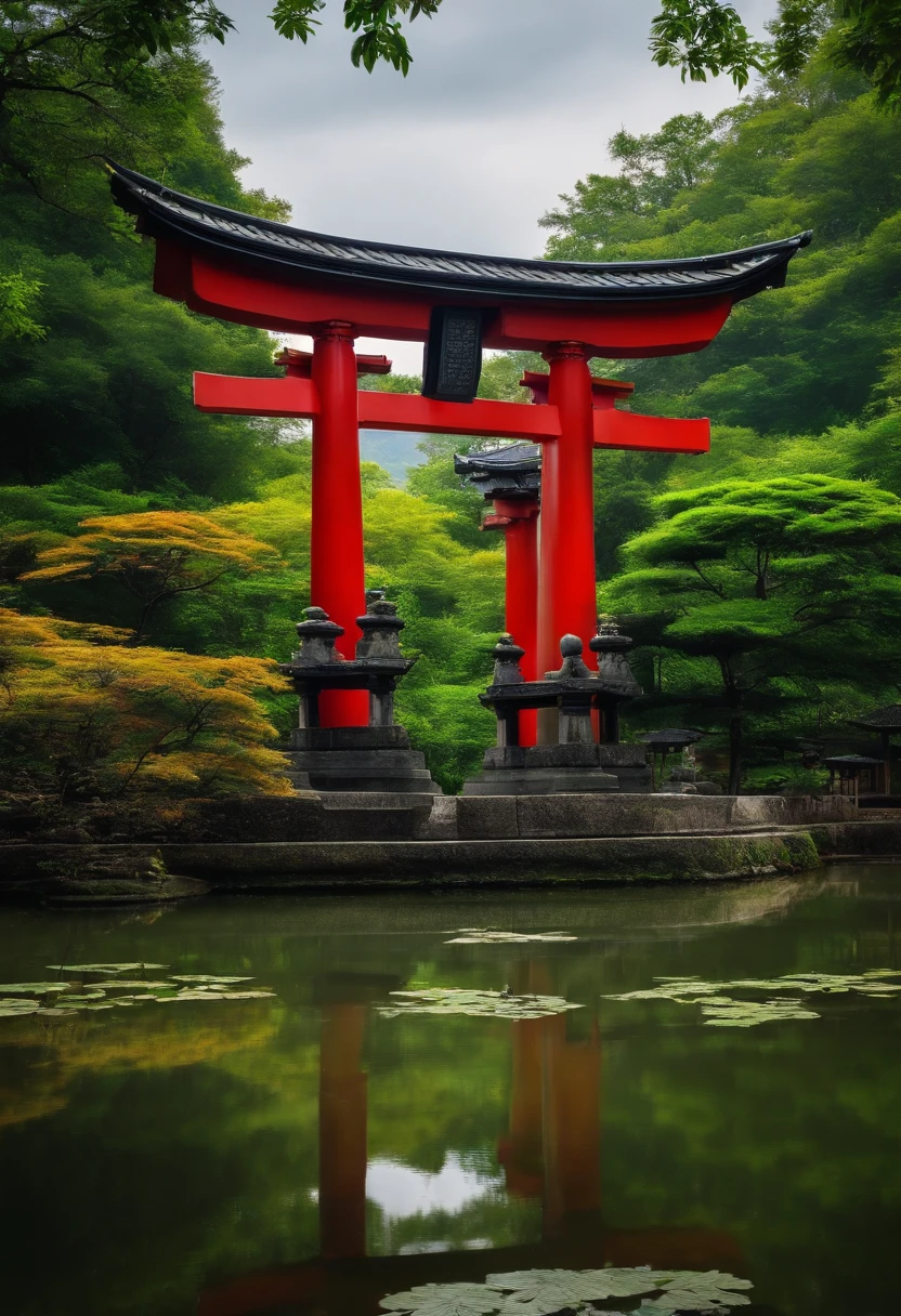 torii gate、stone statue、Three Pillars、Built on a pond