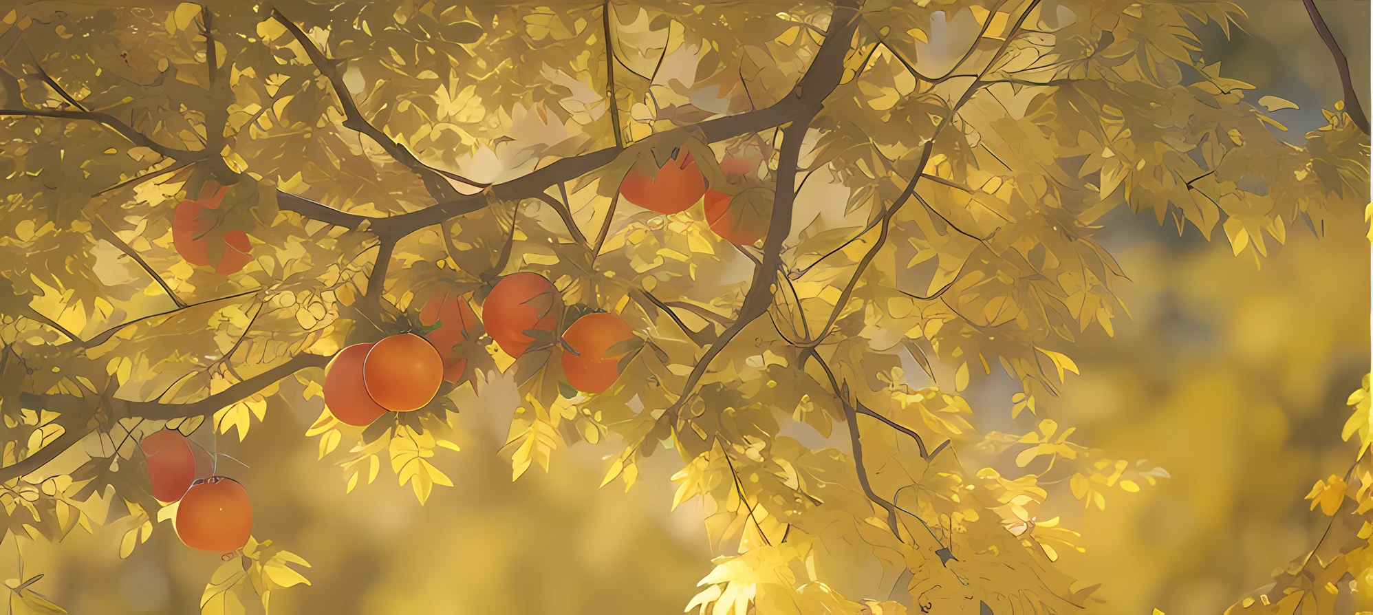 In autumn there are many oranges hanging from the trees, soft autumn sunlight, autumn light, Autumn, autumn sunlights, melancholy autumn light, Glowing pumpkins under trees, Tomatoes hanging from branches, background artwork, in fall, Beautiful composition, morning golden hour, soft golden light, golden rays of sunlight, fall season, afternoon sunlight, Digital Painting", beginning of autumn