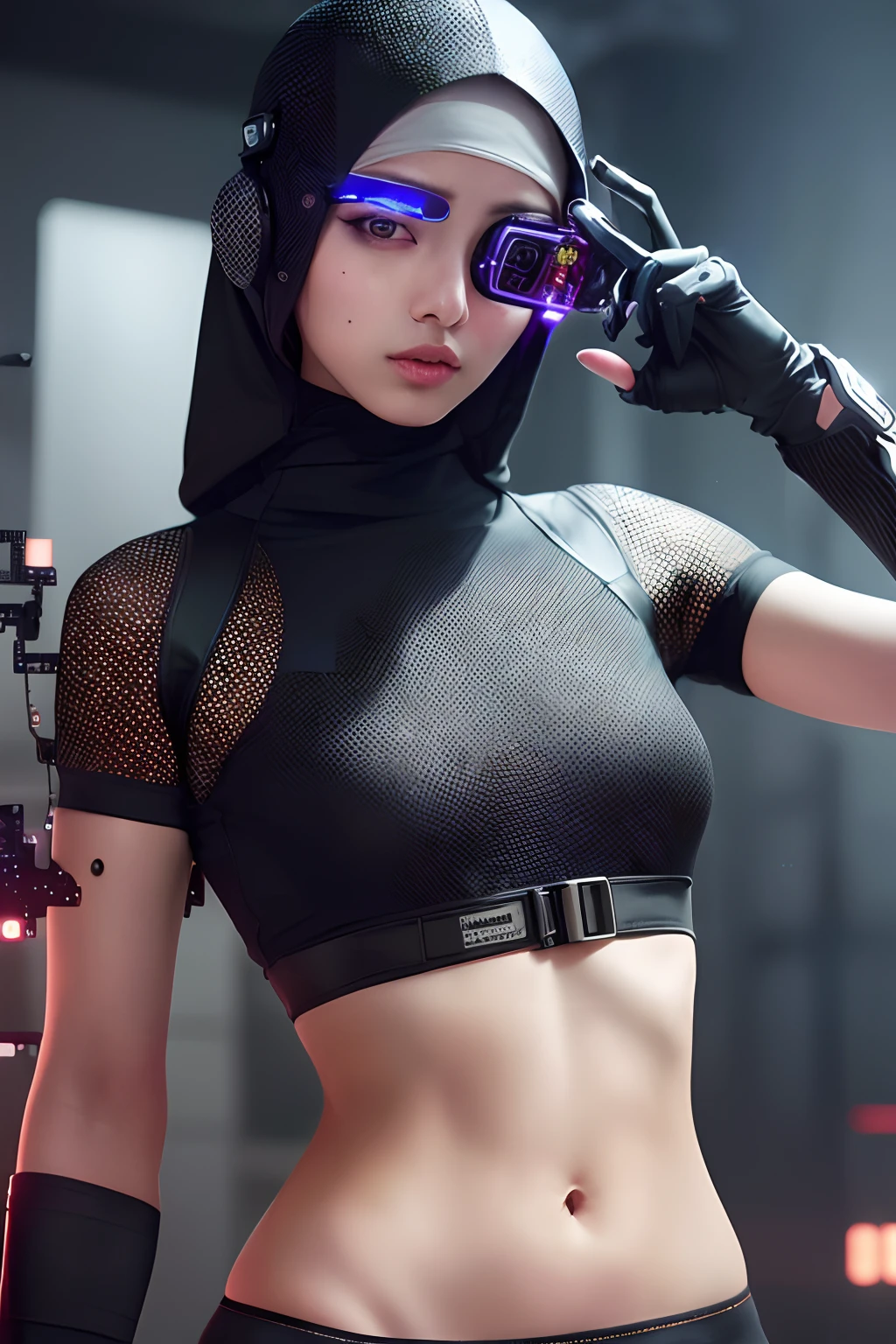 beautiful cyberpunk malay girl in hijab wearing a futuristic head mounted display, (finely detailed skin), pale skin, (in a deep neckline highly detailed sexy futuristic cyberpunk black crop top and underpants made of circuit boards, cybernetics, japanese words with a flare effect, beautiful epic composition, futuristic, masterpiece, sensual, appealing, posing for a photo