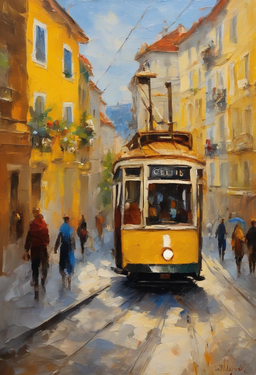 ​masterpiece、top-quality、morning、stroll。pup、exquisite and detailed drawings, yellow tram in Lisbon city, sunny, rich, classy, opulent, Lisbon street abstract, with light glowing、Happiness、Fresh morning sunshine、(Spark:0.7) 、stroll、landscapes