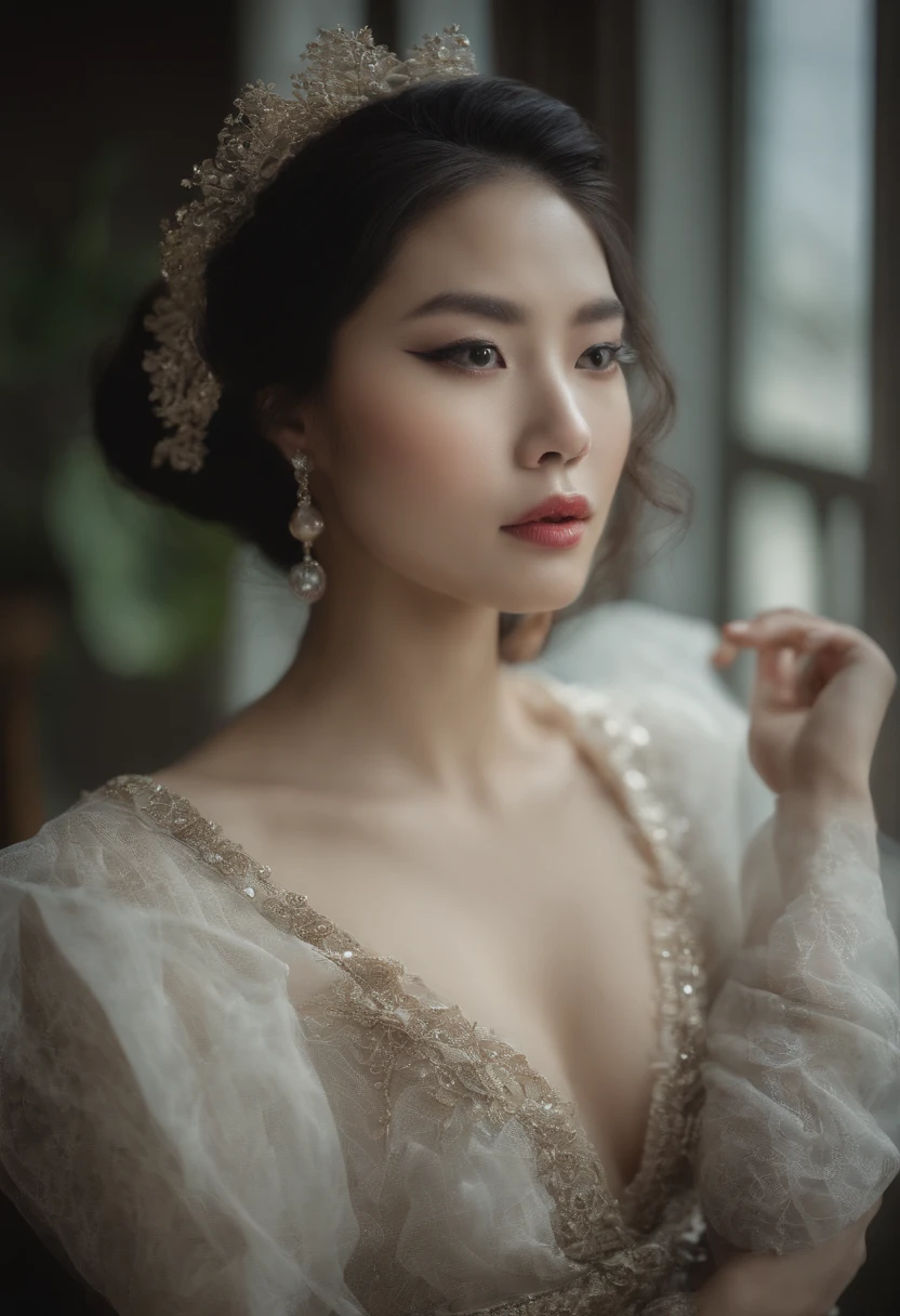 Portrait shot of a beautiful Japanese woman in high fashion, amazing makeup, very detailed, focus, photo, photography