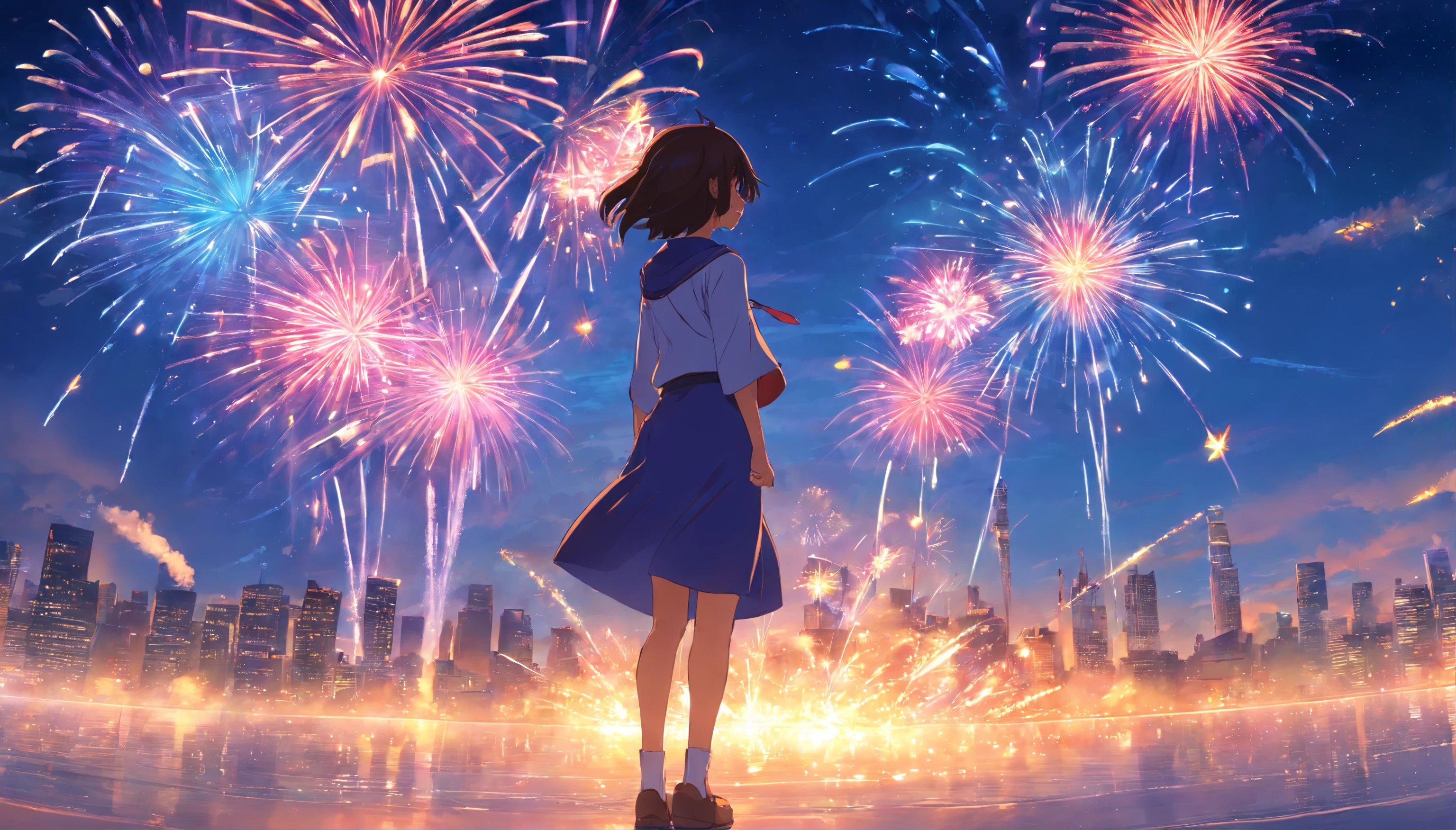 1girll,anime big breast,Skysky,fire works,CG,mid-air,dream magical