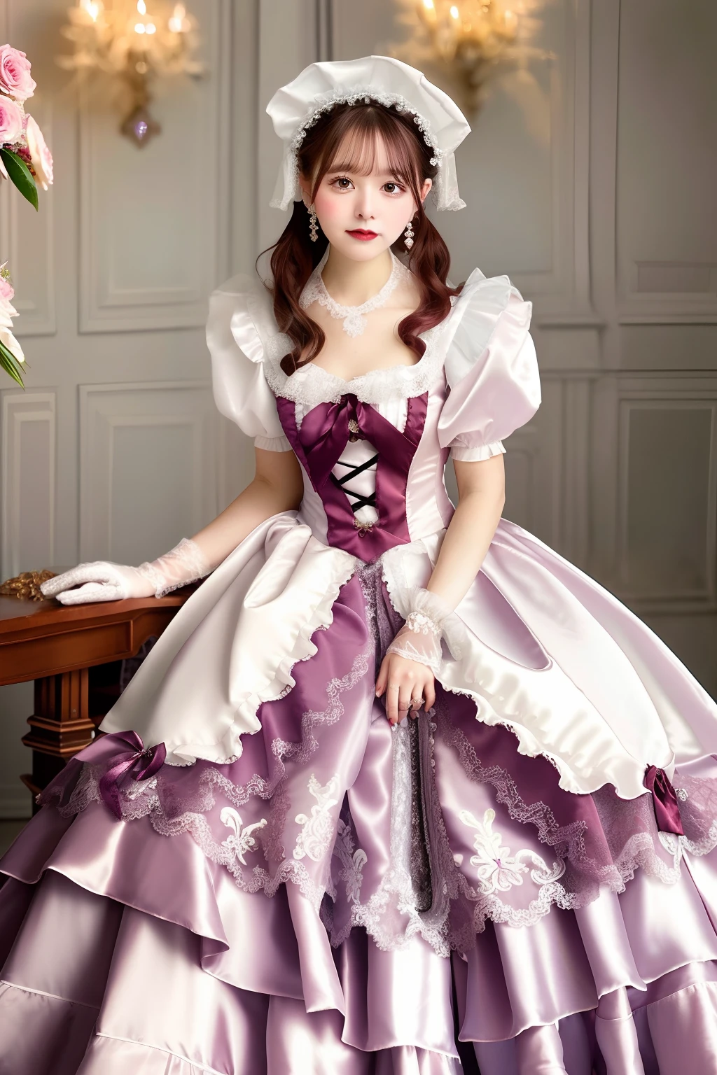 Close up portrait of woman in Bordeaux satin dress and white satin gloves, rococo dress, rococo queen, Victorian Bordeaux color dress, rococo ruffles dress, dress in the style of rococo, fantasy dress, Lolita style, ethereal fairy tale, Icy Bordeaux Dress, victorian dress, Lolita Fashion, magical dress, Full dress, fairycore, Belle Delphine