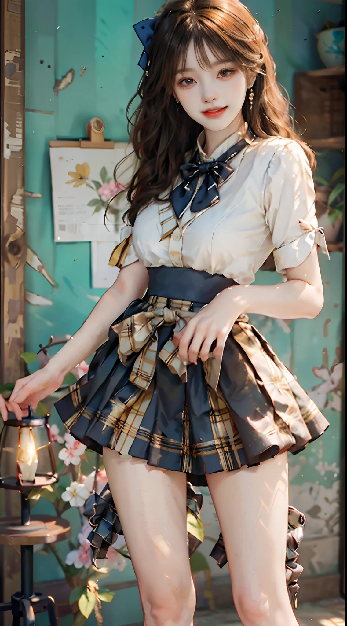 ((full body)), ((from below)), ((realistic)), 1girll, posed for photo, inside in room, Stand up, pretty legs, The upper body leans forward slightly, with hands behind her back, looking at viewert, Detailed scenes, curlies, Air bangs, Beautiful hair accessories, Brownish-yellow hair, ((White color blouse, neck bowtie, Short black skirt)), (Campus style), warm lights, a warm color palette, Detailed details, ultra-detailliert, (tmasterpiece, best qualtiy), (An extremely delicate and beautiful work), Delicate earrings, Delicate necklace, Simple blurred background, Extreme detail description, Ultra-fine painting, Delicate face, slim toned body, (ssmile, Baring teeth), (anatomy correct)