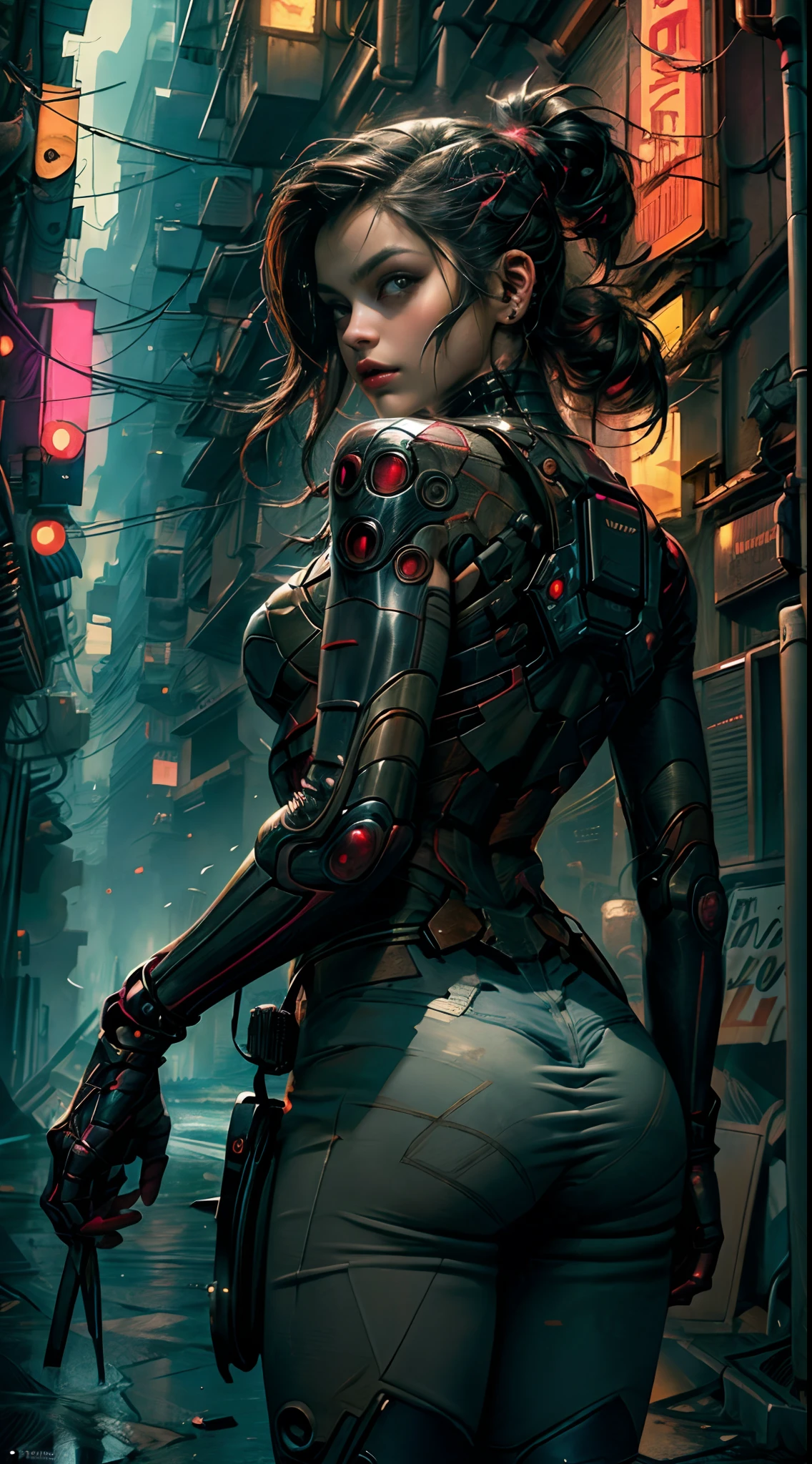 Top Quality, Masterpiece, Ultra High Resolution, (Photorealistic: 1.4), Raw Photo, 1 cyberpunk Girl, Black Hair, Glossy Skin, 1 Mechanical Girl, (Ultra Realistic Detail)), Full body, Global Illumination, Contrast, Shadows, Octane Rendering, 8K, Ultra Sharp, Cleavage Exposed, Raw Skin, Metal, Intricate Ornament Details, Japan Details, Very intricate details, realistic light, CGSoation trend, facing the camera, neon details, mechanical limbs, blood vessels connected to the tube, mechanical vertebrae attached to the back, mechanical cervical attachment to the neck, wires and cables connecting to the head, gundam, small LED lamps.