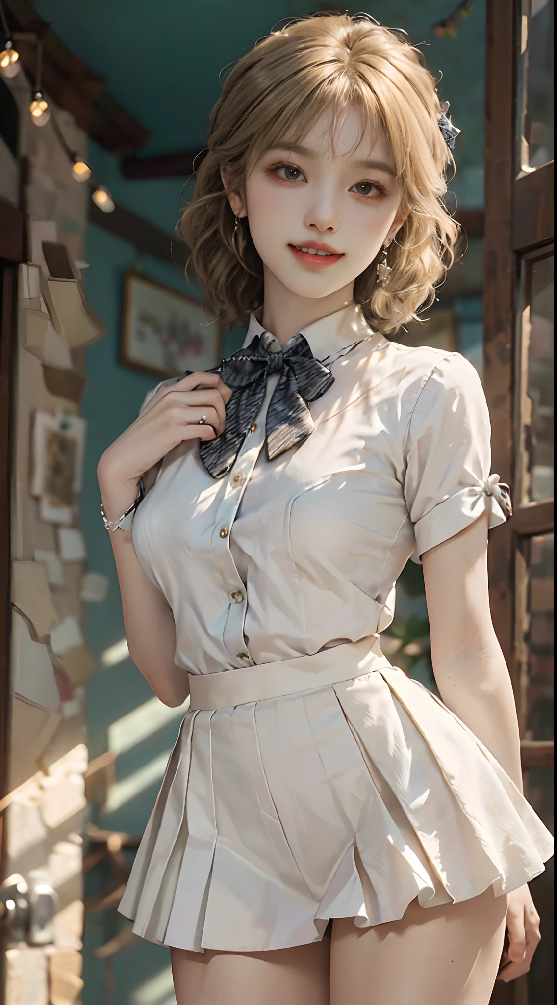 ((full body)), ((from below)), ((realistic)), 1girll, posed for photo, inside in room, Stand up, pretty legs, The upper body leans forward slightly, with hands behind her back, looking at viewert, Detailed scenes, curlies, Air bangs, Beautiful hair accessories, Brownish-yellow hair, ((White color blouse, neck bowtie, Short black skirt)), (Campus style), warm lights, a warm color palette, Detailed details, ultra-detailliert, (tmasterpiece, best qualtiy), (An extremely delicate and beautiful work), Delicate earrings, Delicate necklace, Simple blurred background, Extreme detail description, Ultra-fine painting, Delicate face, slim toned body, (ssmile, Baring teeth), (anatomy correct)
