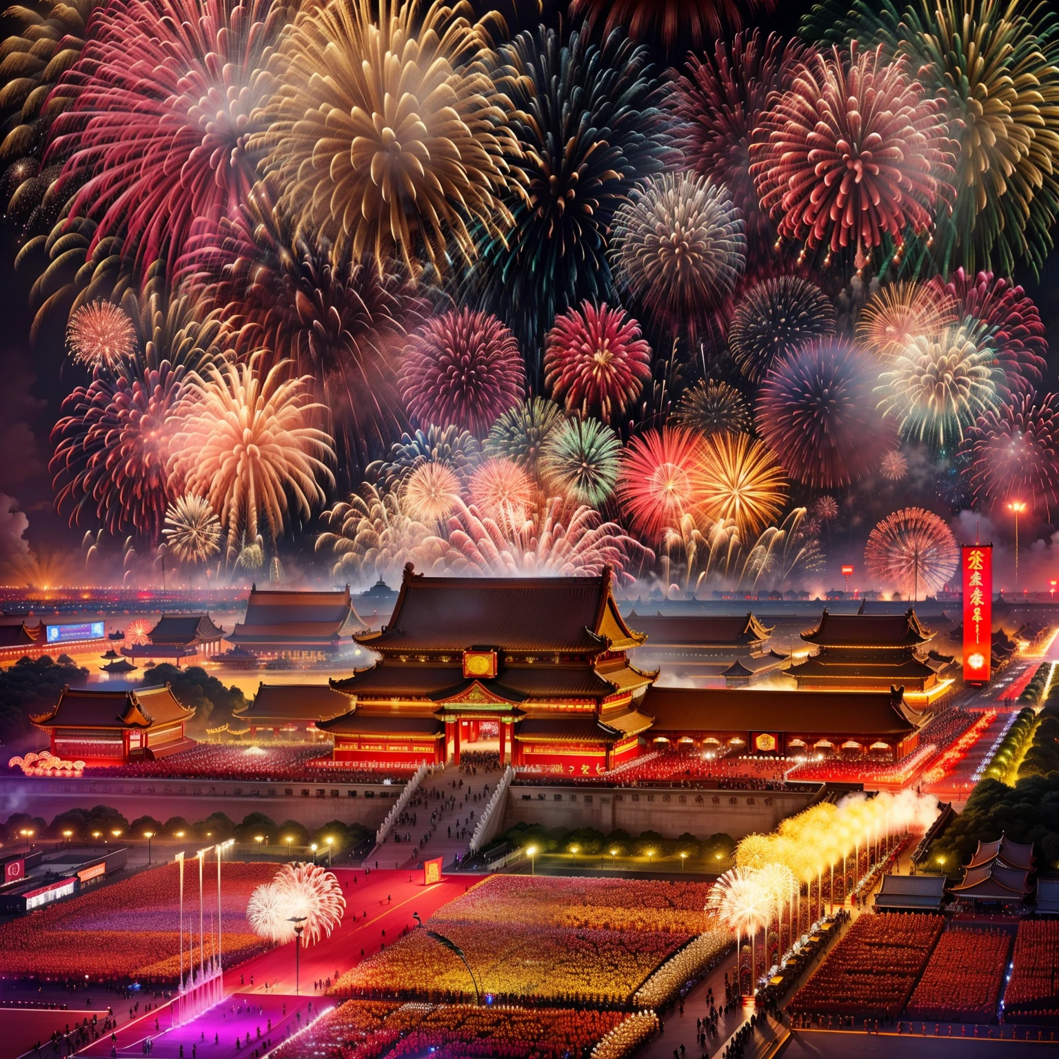 Chinese New Year,A grand spectacle,See China's Tiananmen Square from top to bottom,((Splendid fireworks,Huge fireworks,Extremely colorful,Colorful)), k hd,Photorealsitic,Joyful,
